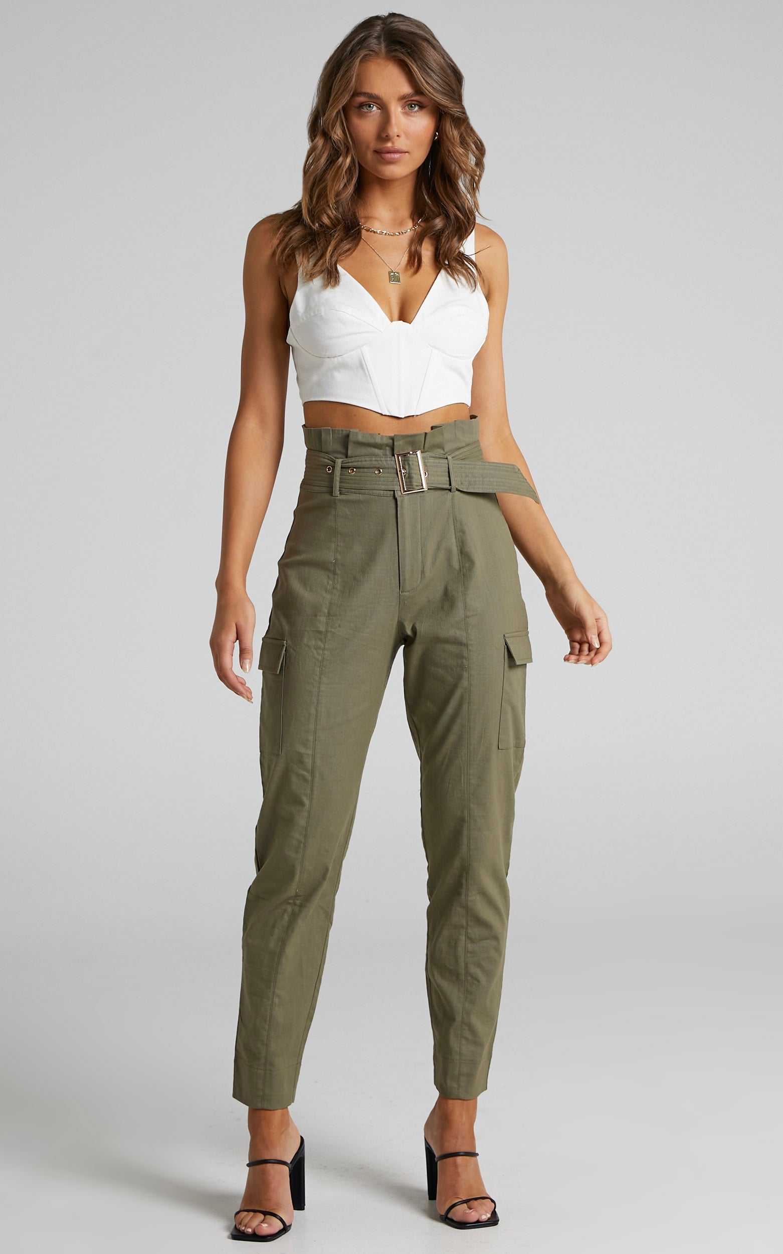 Kaori Belted Paper Bag Waist Utility Pants in Khaki