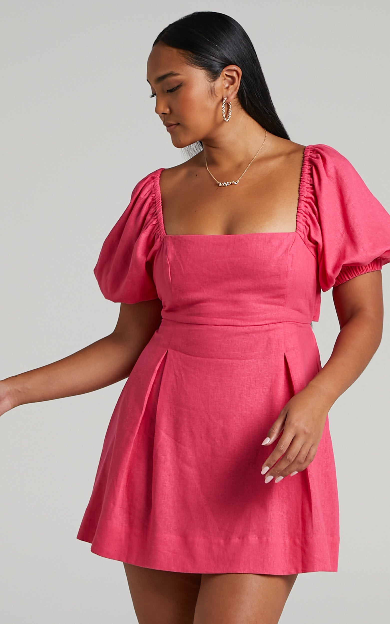 Matty Mini Dress - Linen Strappy Back Puff Sleeve Baby Doll Dress in Pink