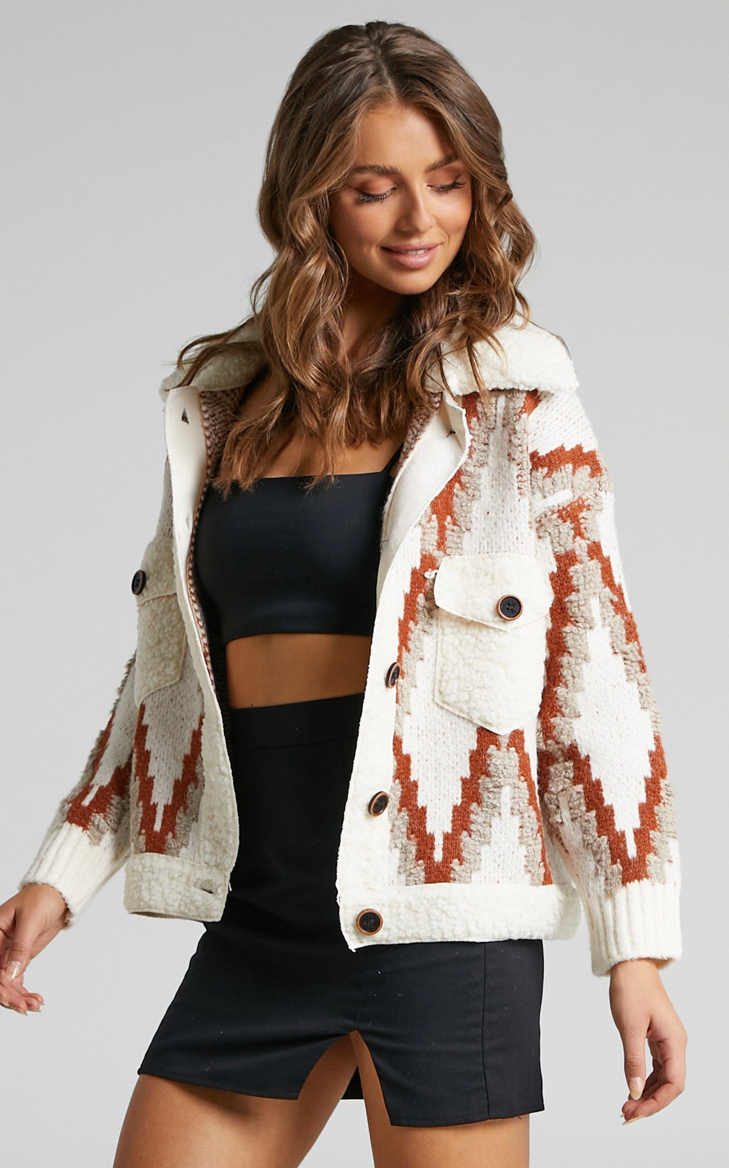 Melanie Collared Teddy Coat in White Print