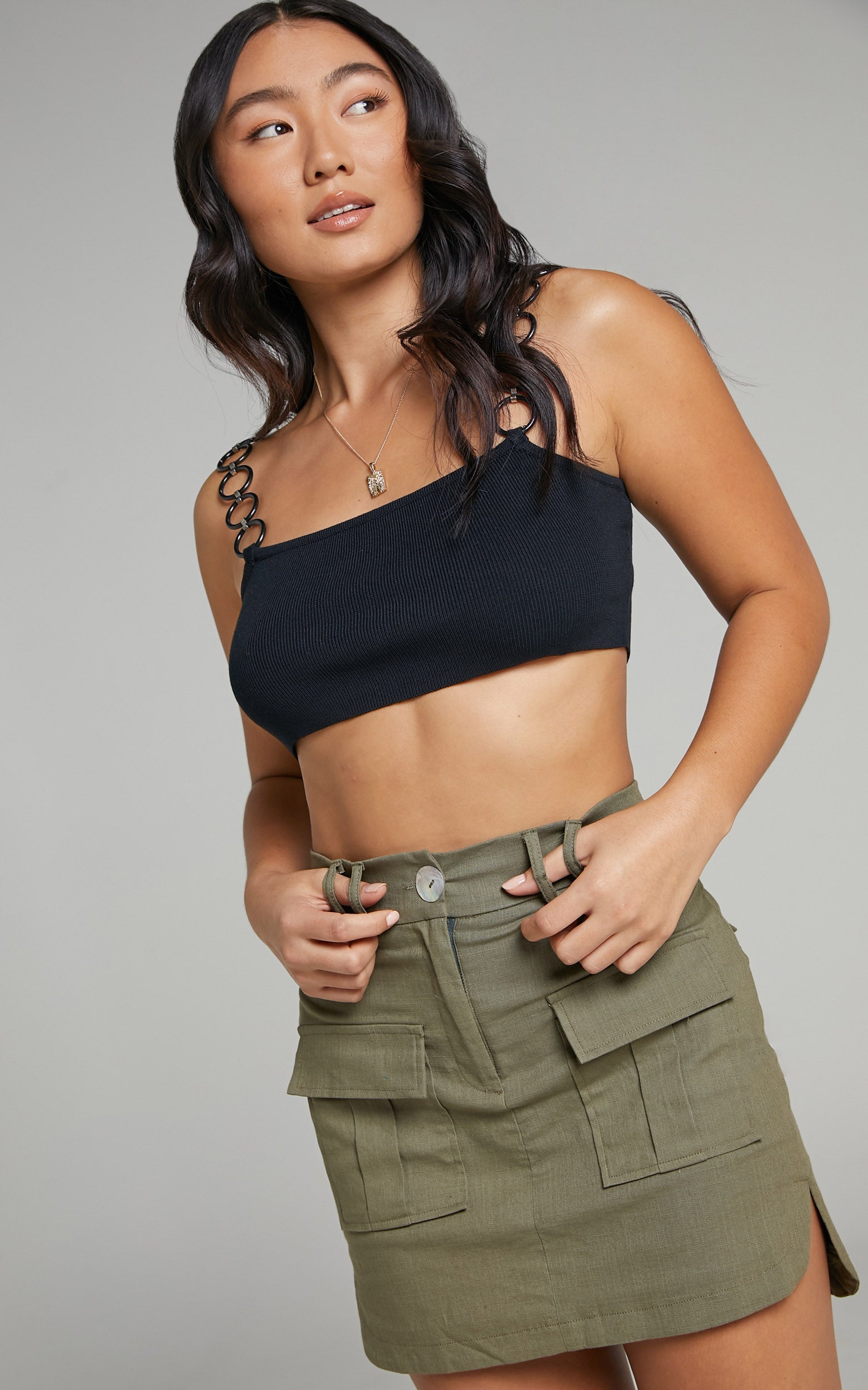Mizuki Cargo Mini Linen Blend Skirt in Khaki