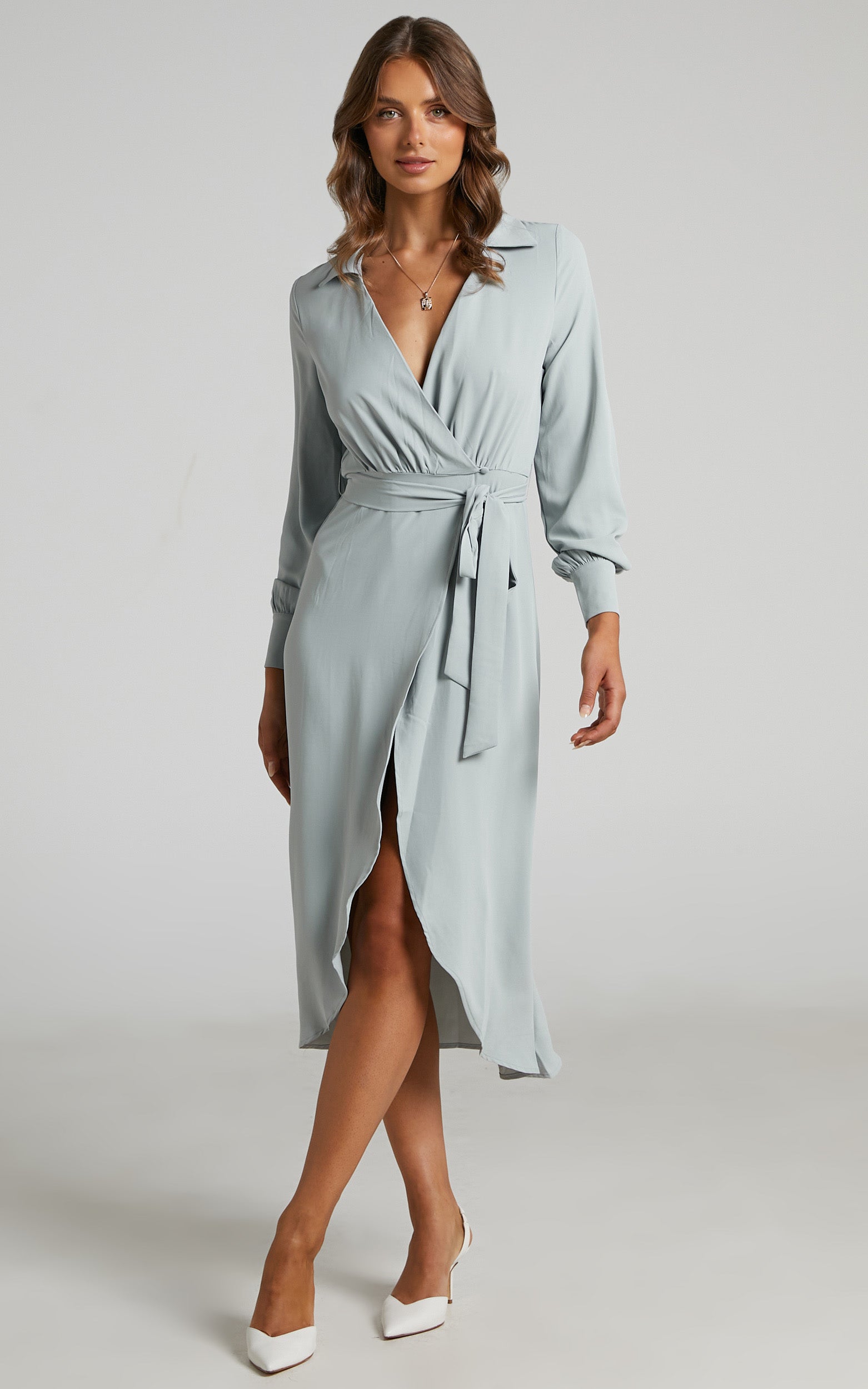 Nalysha Midi Dress - Long Sleeve Wrap Dress in Dusty Blue