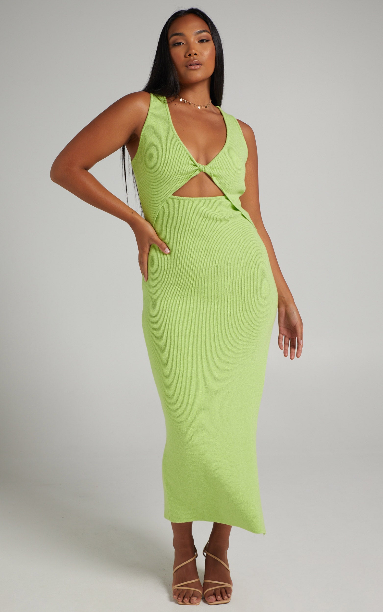 Amyra Twist Front Sleeveless Knit Midi Dress in Apple Green