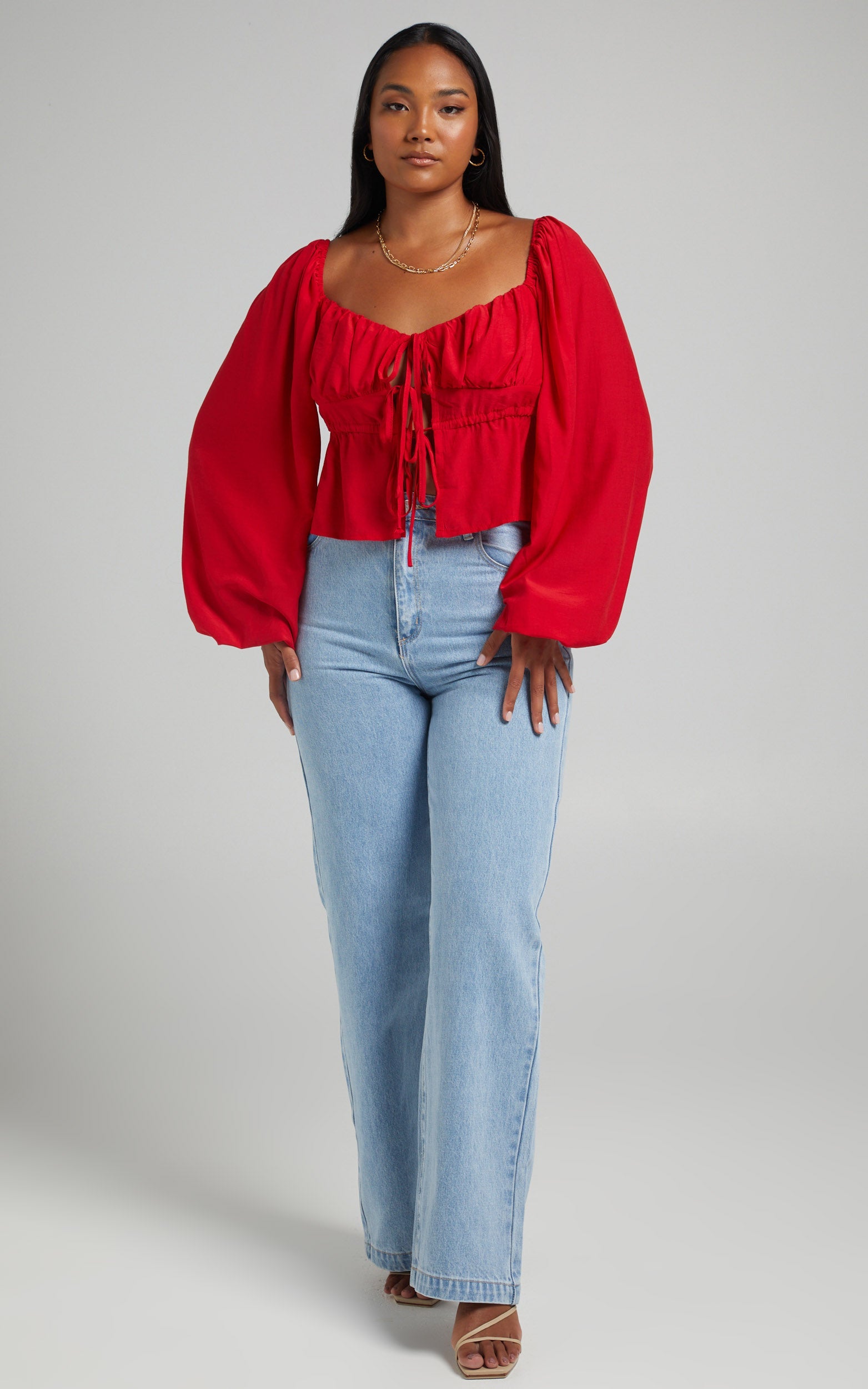 Nadine Top - Long Sleeve Ruched Bust Top in Red