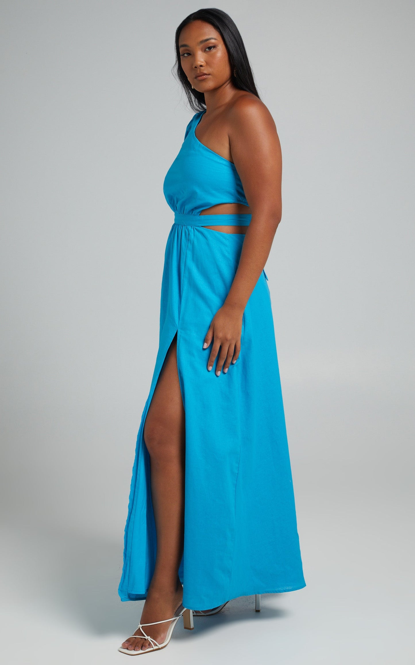 Cedie Midi Dress - One Shoulder Puff Sleeve Dress in Blue