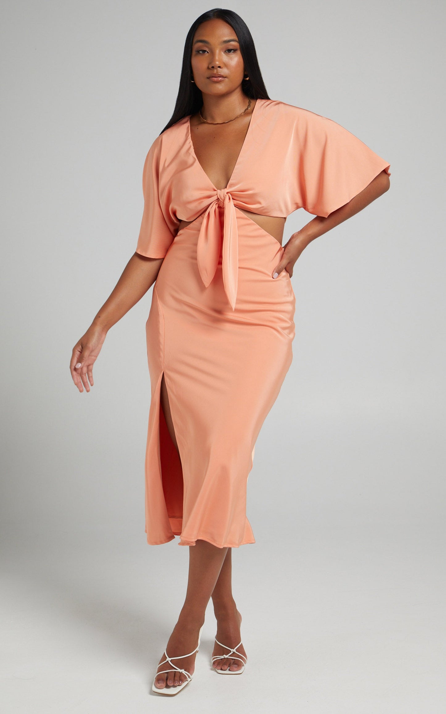 Joja Flutter Sleeve Cut Out Midi Dress in Sherbet Orange