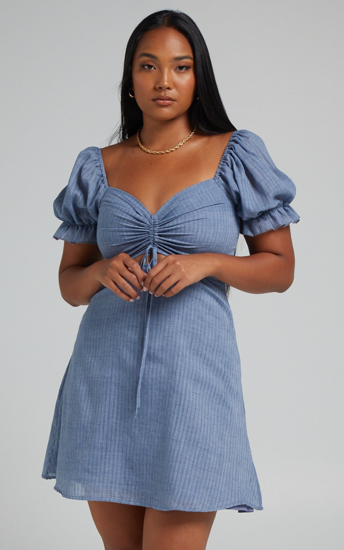 Soft Mention Mini Dress - Puff Sleeve Dress in Navy