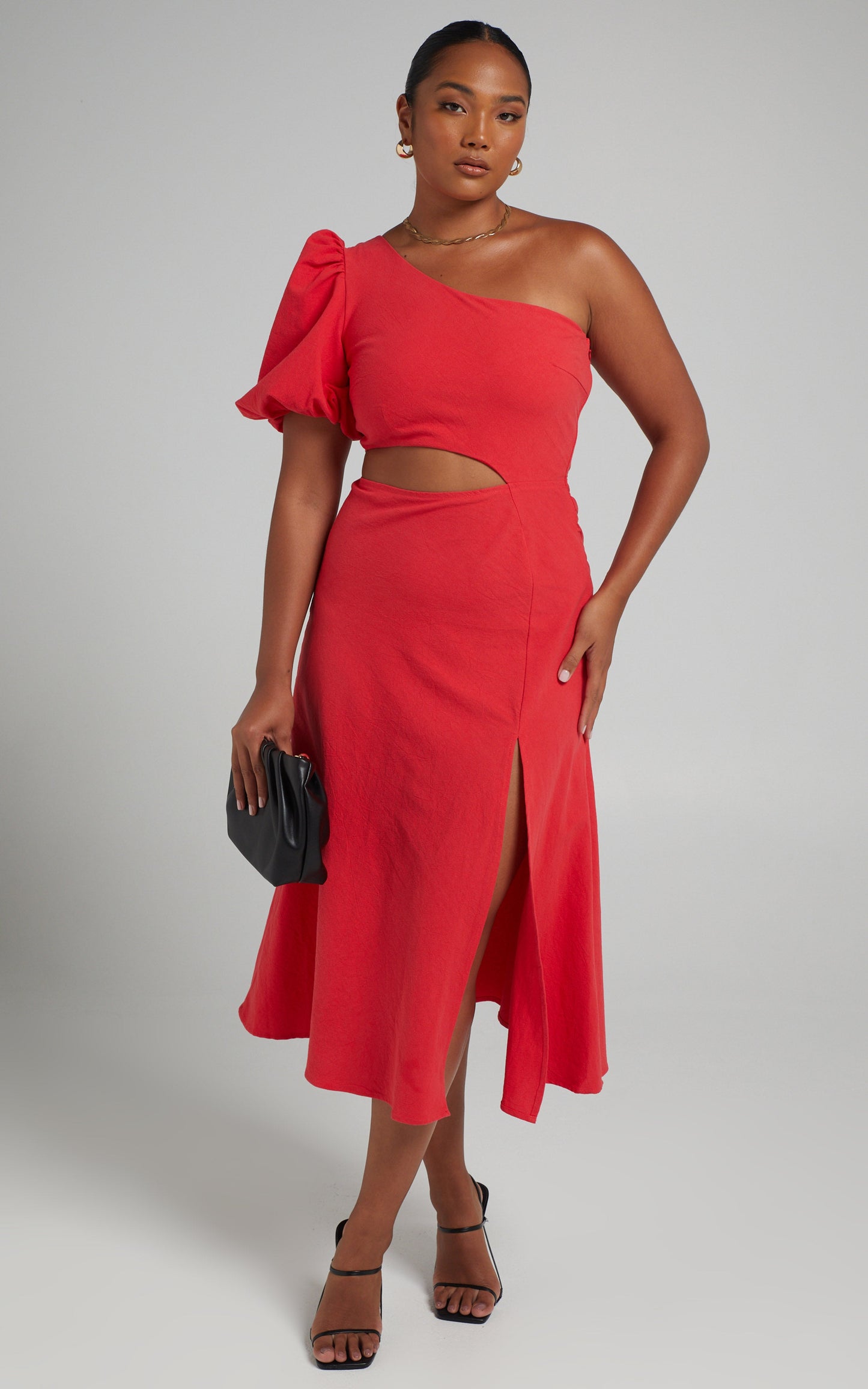 Marcia Midi Dress - One Shoulder Dress with Side Cut Out in Red