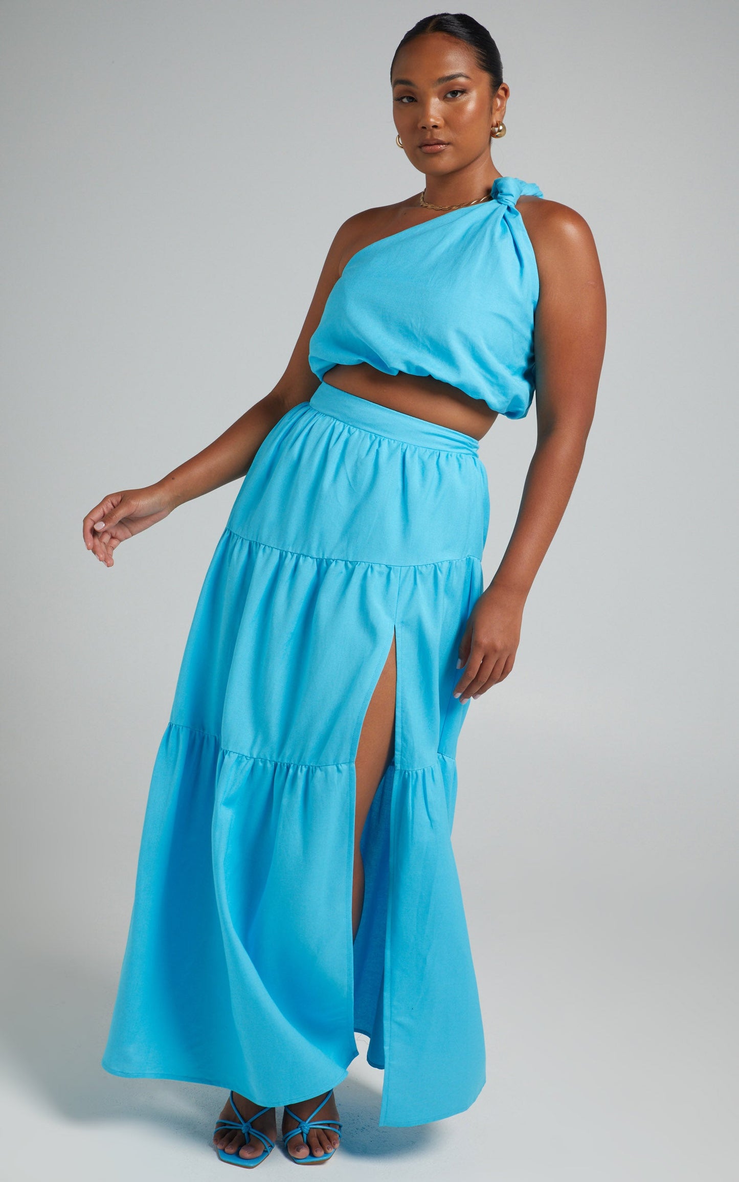 Aerilyn Two Piece Set - Linen One Shoulder Crop Top and Midi Skirt Set in Blue