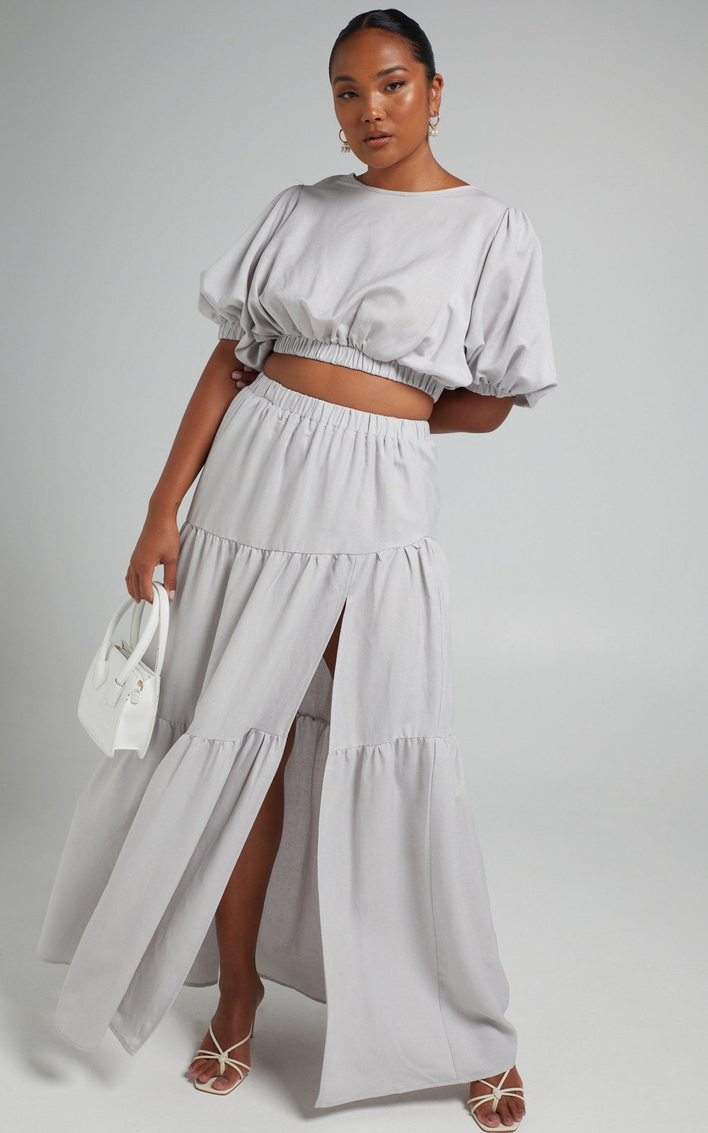 Astrid Two Piece Set - Linen Long Sleeve Top and Thigh Split Midi Skirt Set in Icy Grey