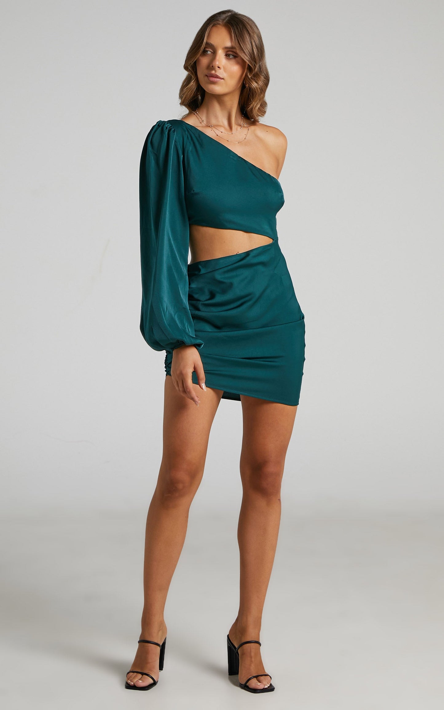 Rayanna Mini Dress - One Shoulder Long Sleeve Cut Out Dress in Emerald