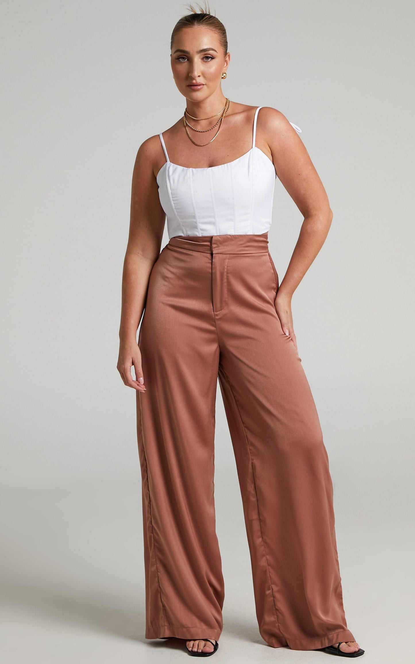 Reika High Waisted Satin Wide Leg Pants in Pink Clay