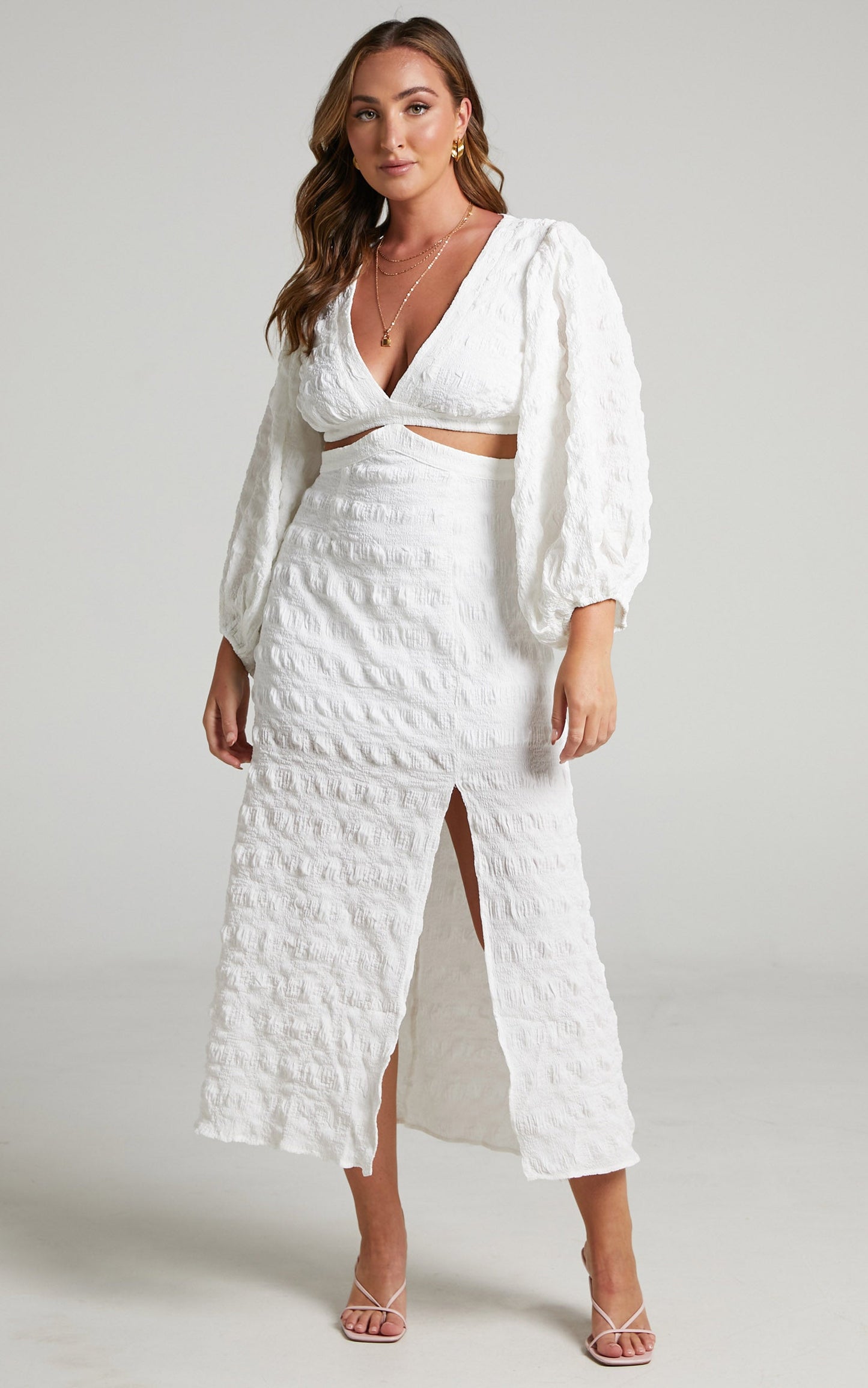 Tabatha Midi Dress - Puff Sleeve Cut Out Dress in White Check