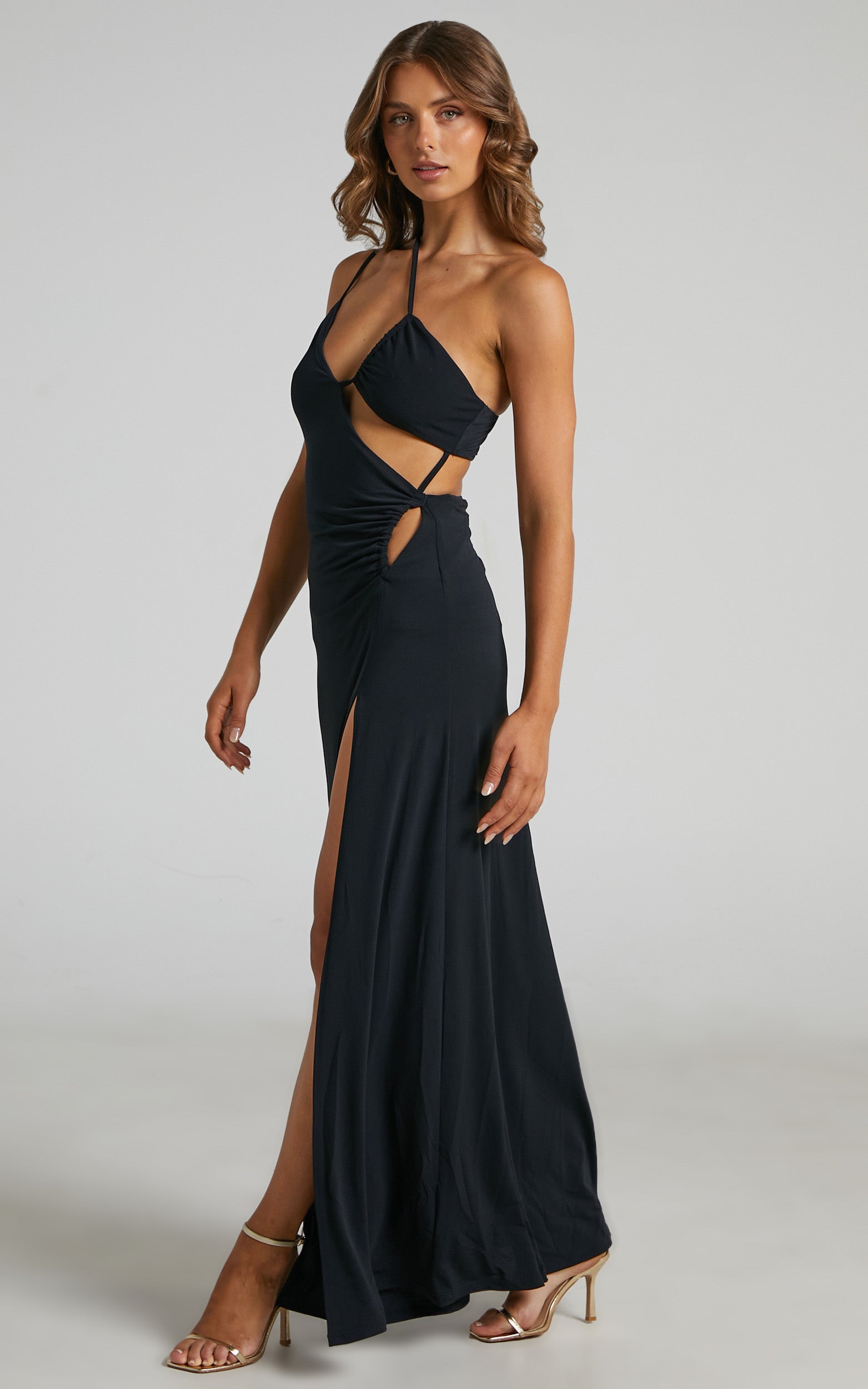 Zentia Asymmetric Cut Out One Shoulder Maxi Dress in Black