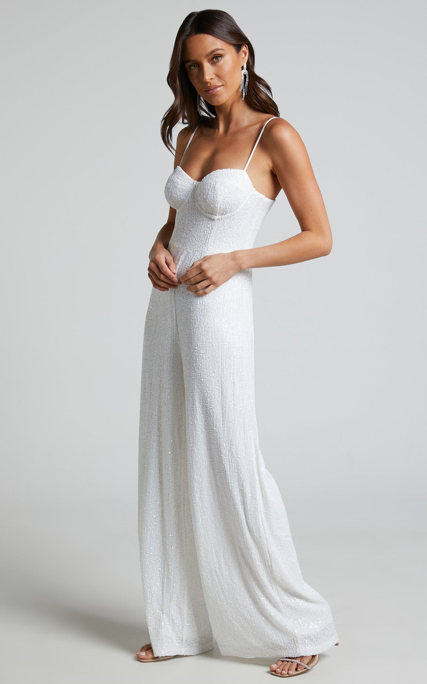 Claudilyn Jumpsuit - Sequin Bustier Bodice Wide Leg Jumpsuit in White