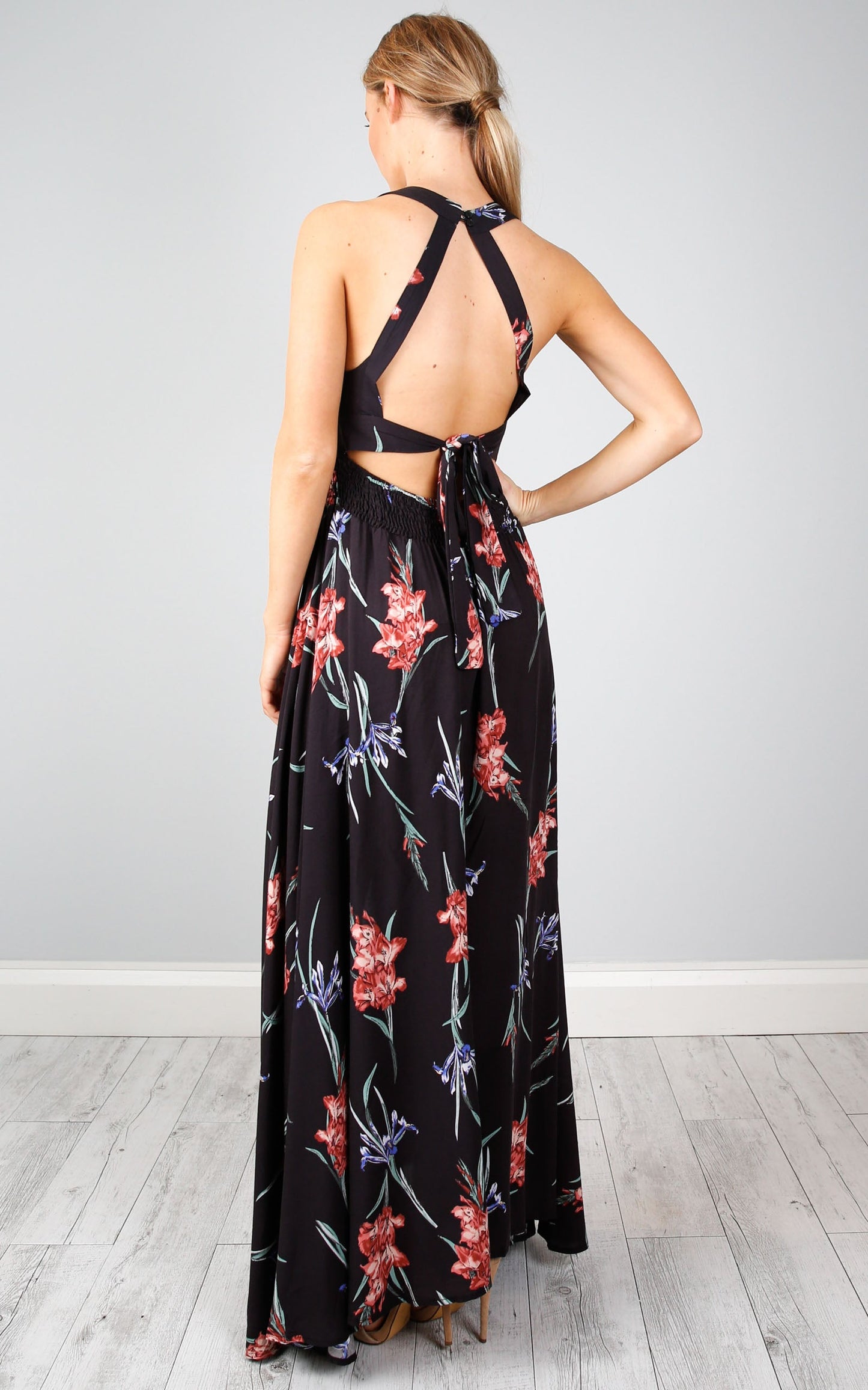 Run Alone Maxi Dress In Black Tropical Floral