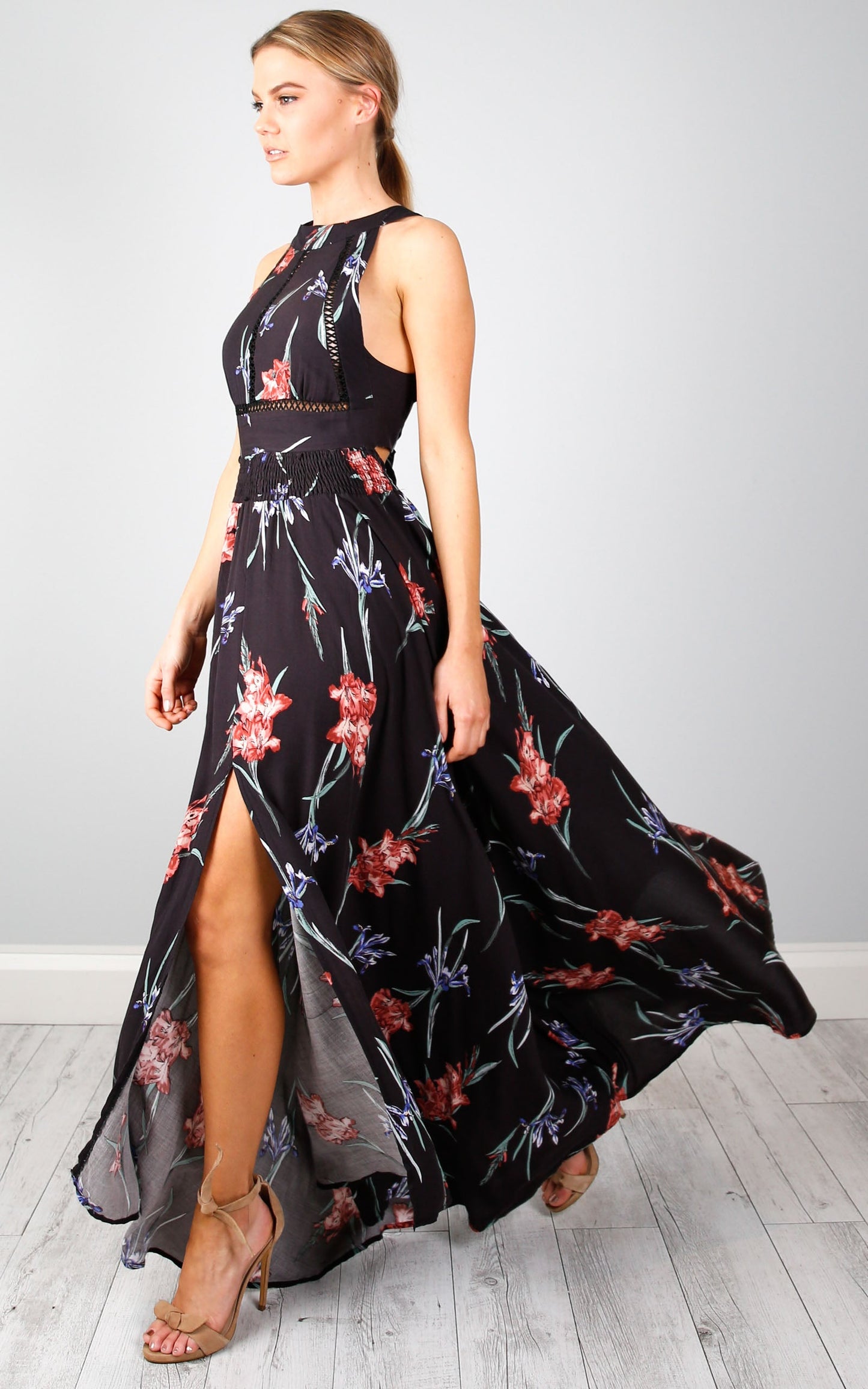 Run Alone Maxi Dress In Black Tropical Floral