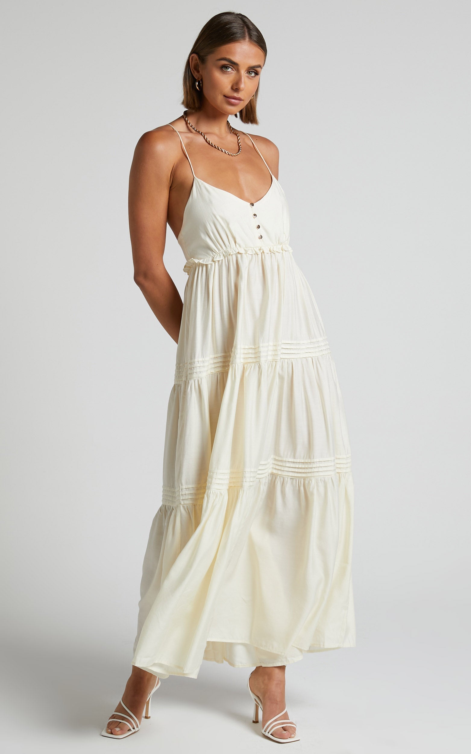 Ermengard Midi Dress - Tiered Pin Tuck Cross Back Dress in Off White