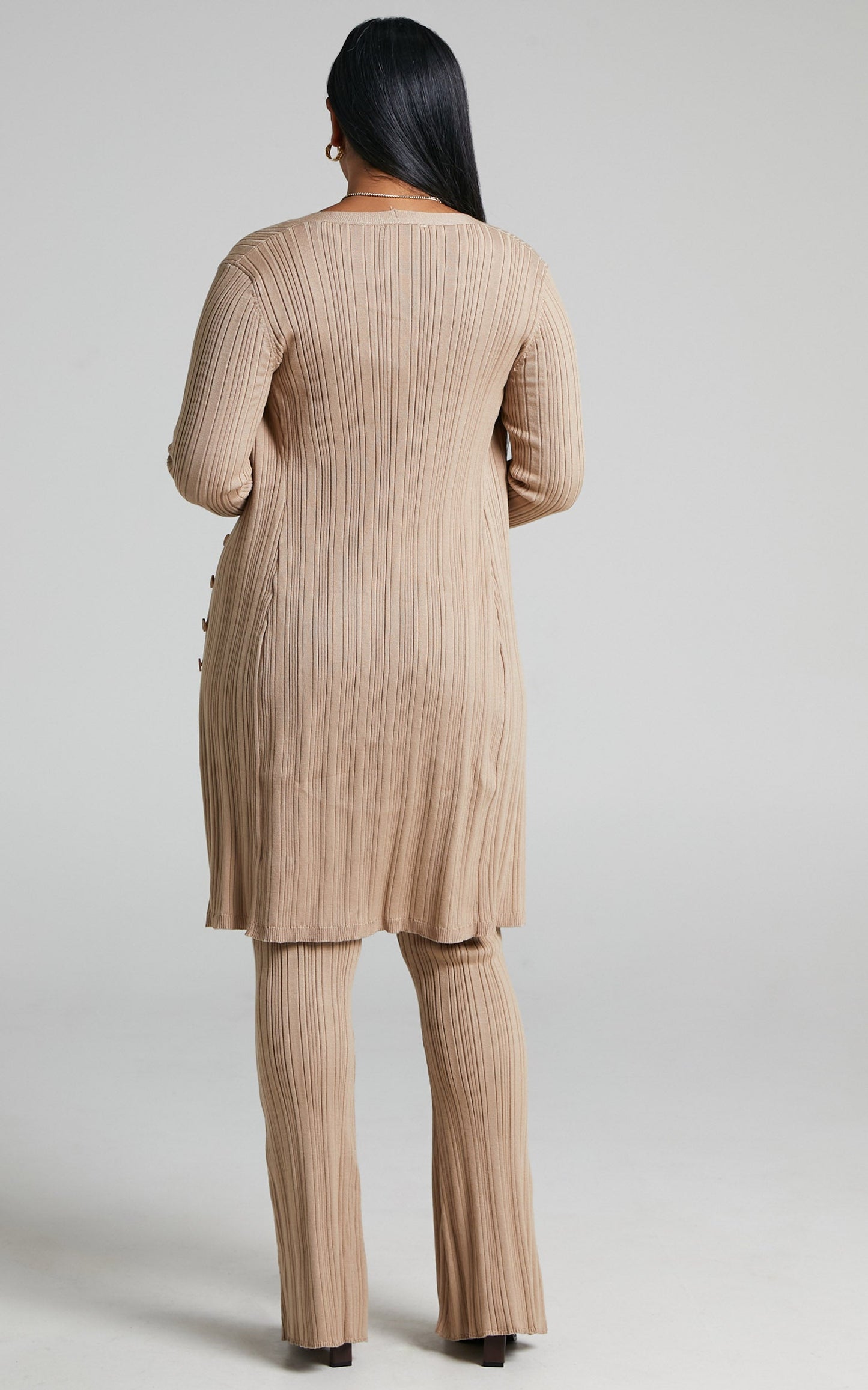 Farhana Cardigan - Rib Knitted Longline Cardigan in Beige