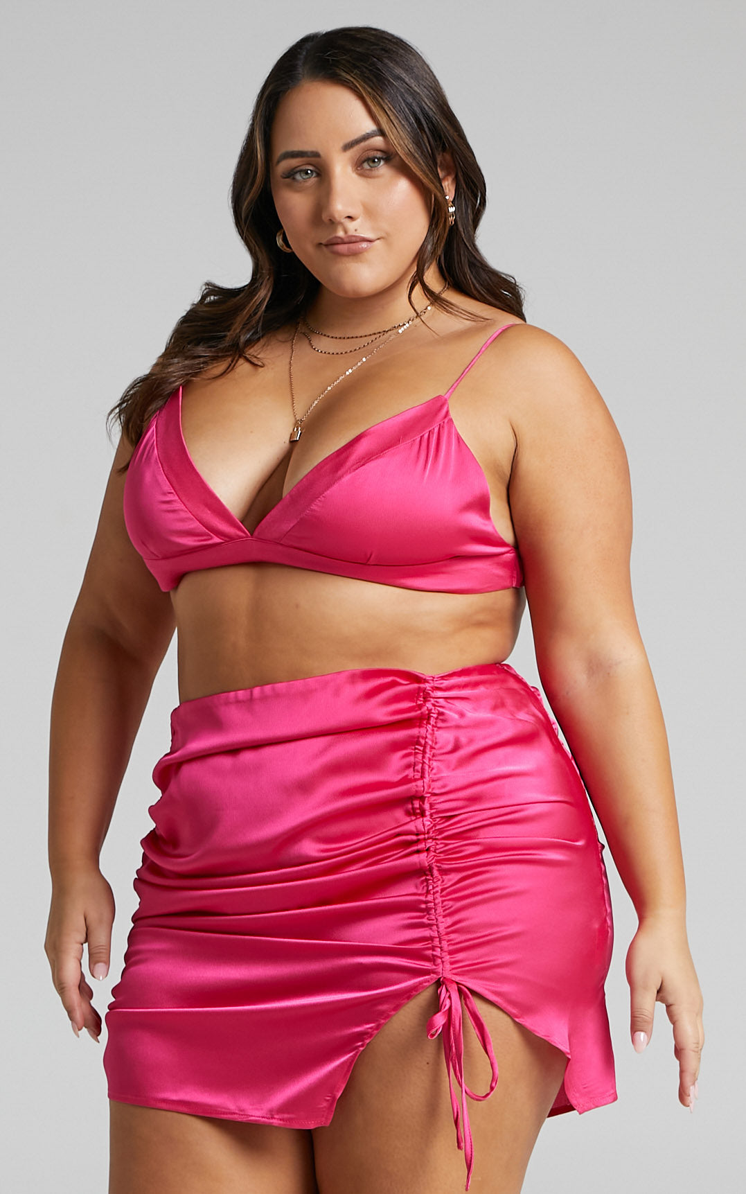 Mejila Mini Skirt - Ruched Split Hem Skirt in Hot Pink Satin