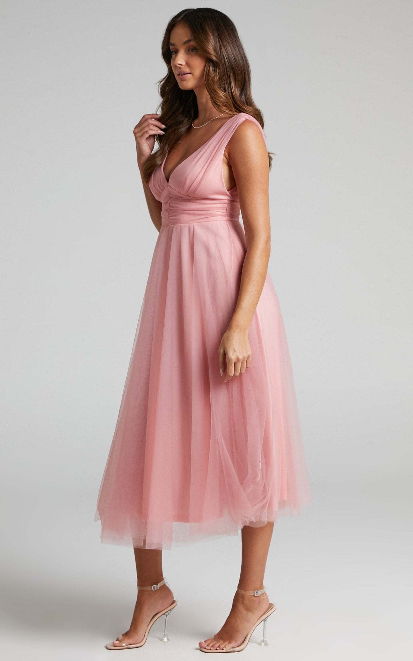 Agatha Midi Dress - Sleeveless V-Neck Organza Dress in Dusty Pink