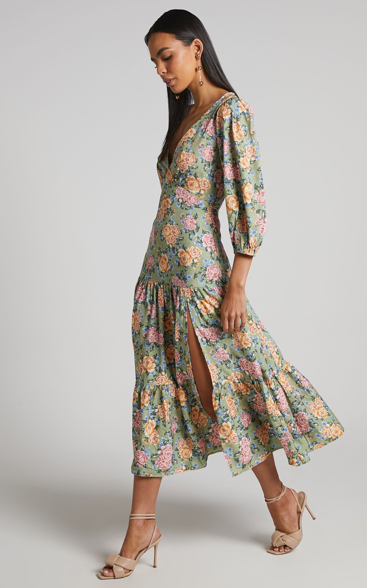 Alayna Midi Dress - Thigh Split Tiered Floral Dress in Sage