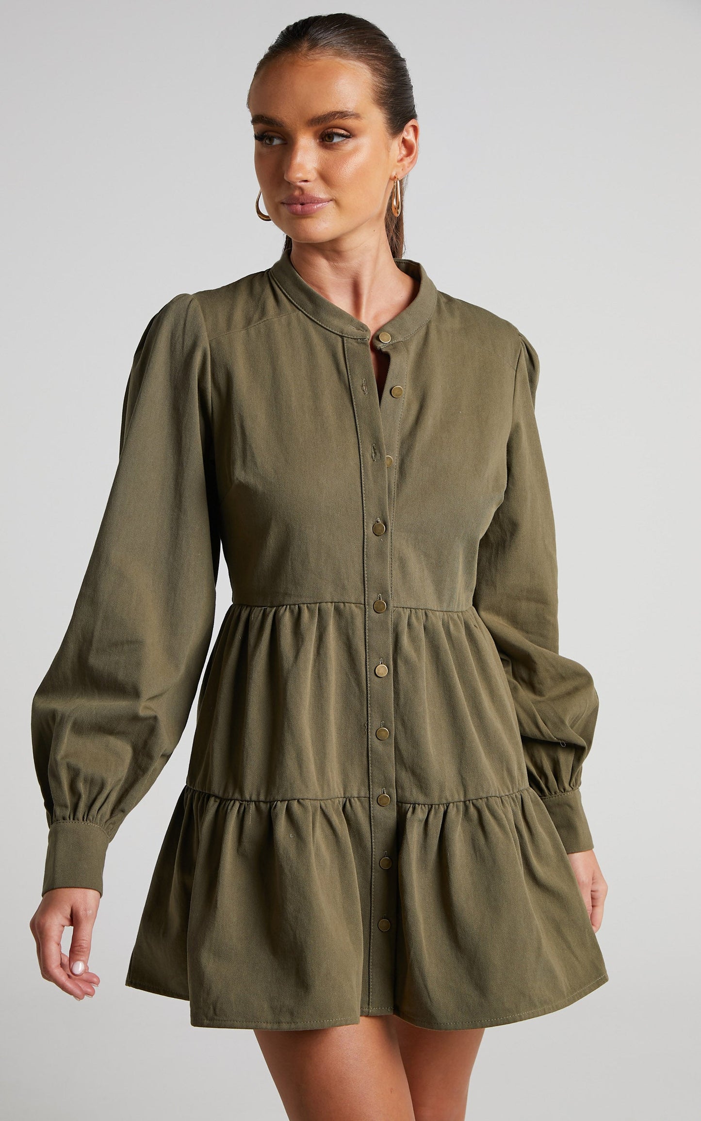 Alesana Mini Dress - Long Sleeve Button Through Tiered Shirt Smock Dress in Khaki