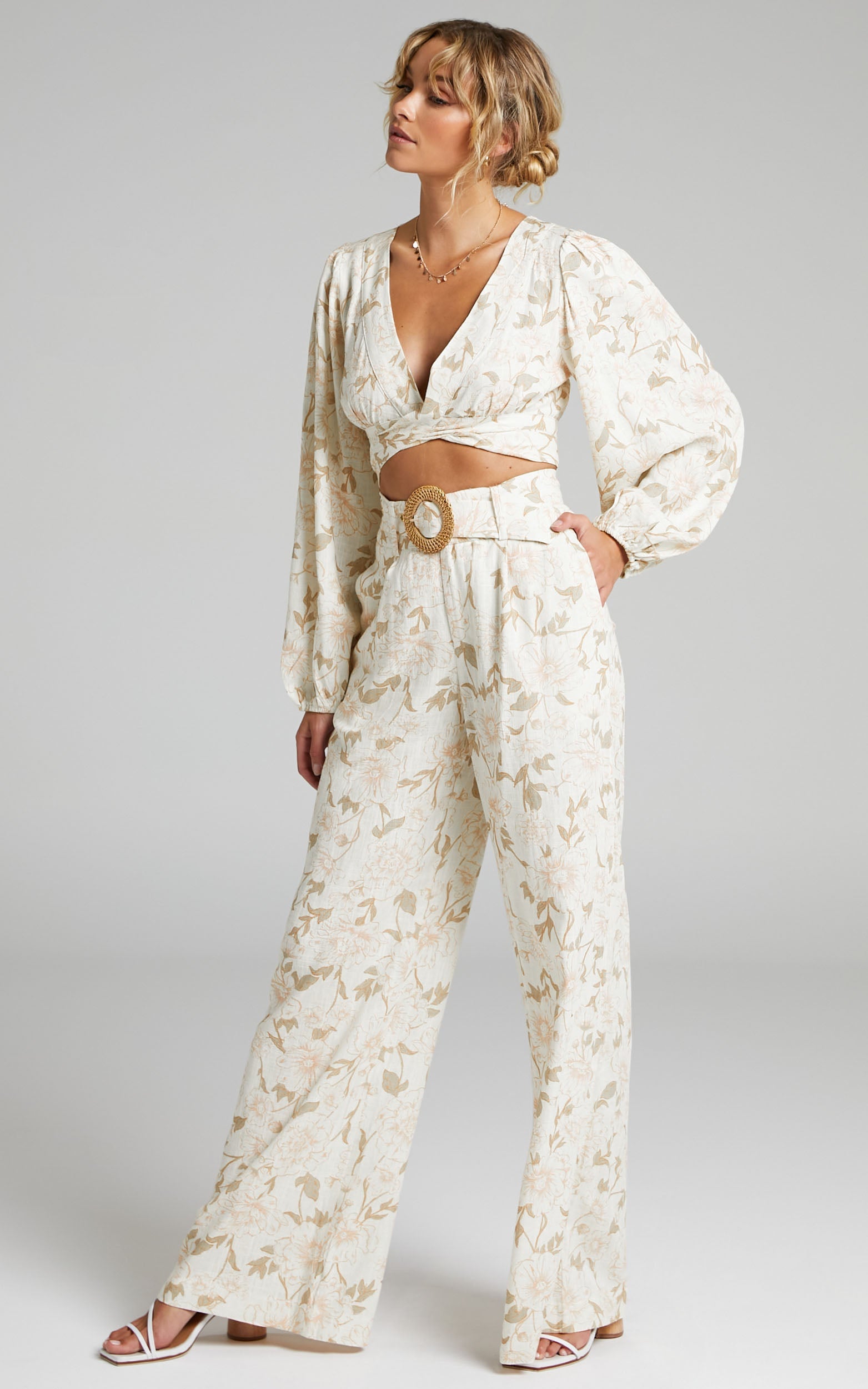 Amalie The Label - Claudette Linen Blend Balloon Sleeve Plunge Neck Tie Wrap Crop Top in Pink Linear Floral