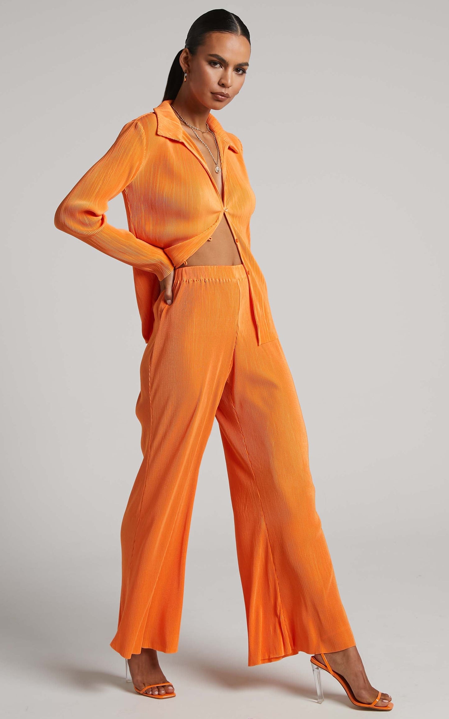 Amarante Pants - High Waisted Plisse Wide Leg Pants in Orange