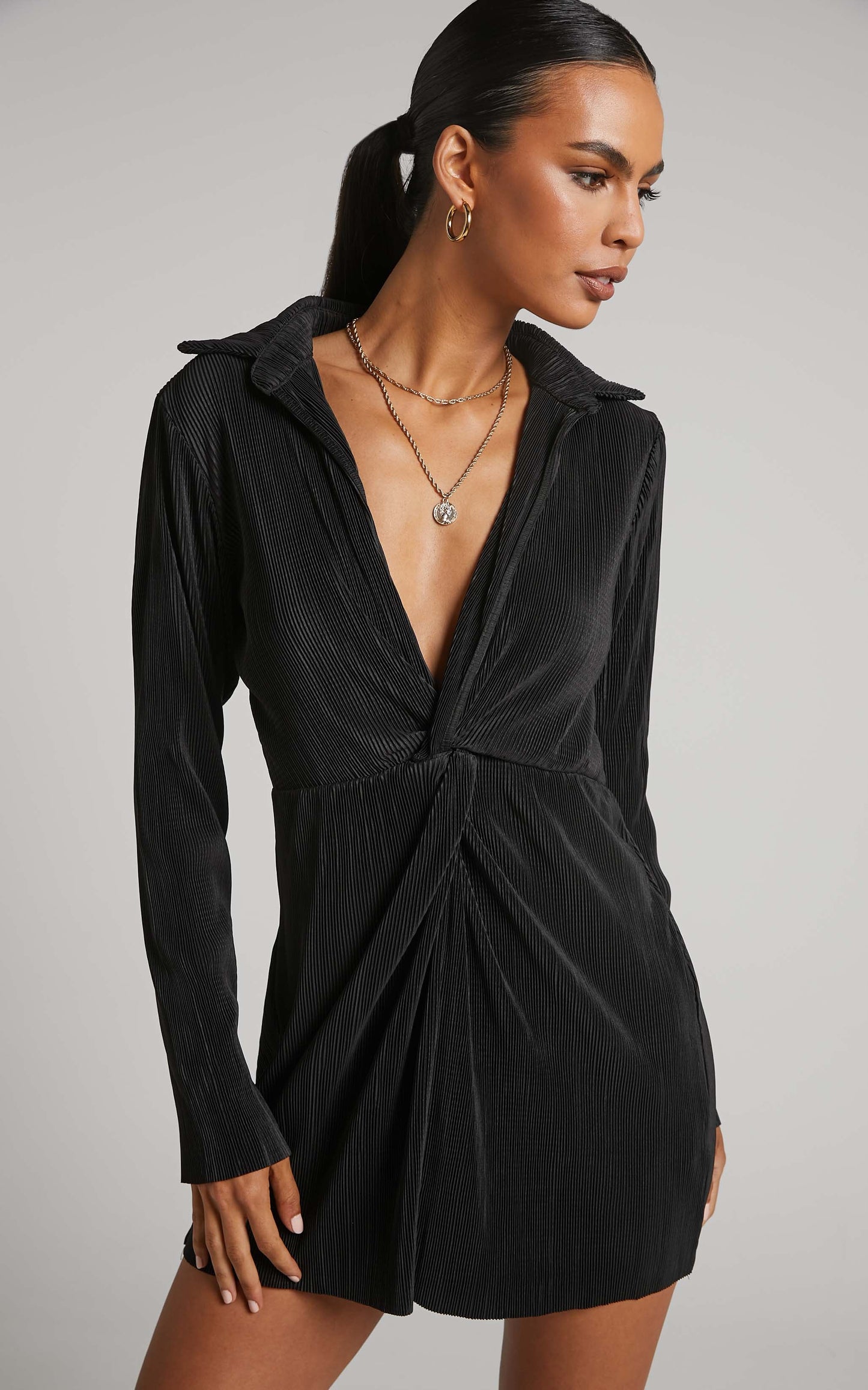 Amarante Mini Dress - Plisse Twist Front Shirt Dress in Black