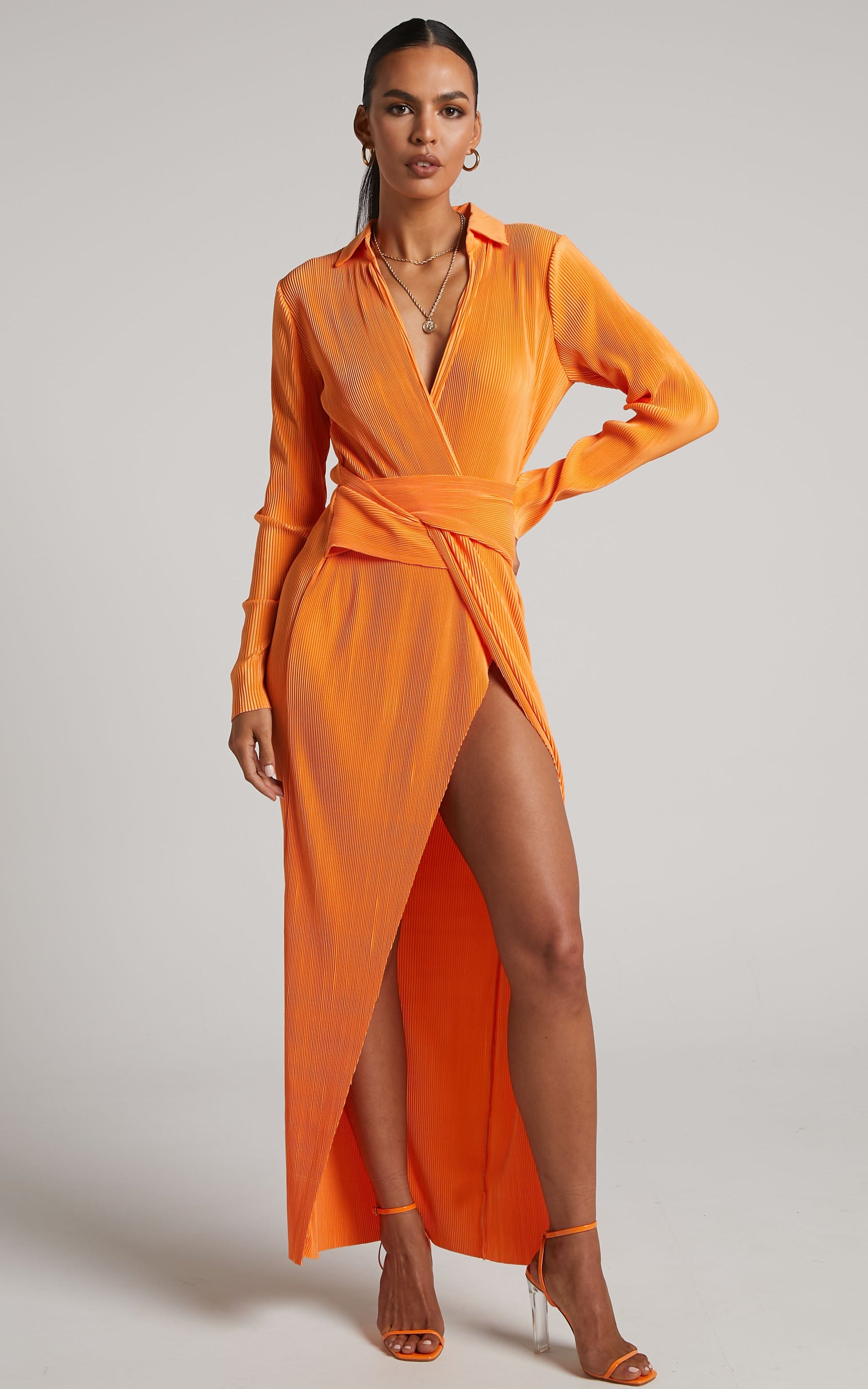 Amarante Maxi Dress - Plisse Twist Front Long Sleeve Shirt Dress in Orange