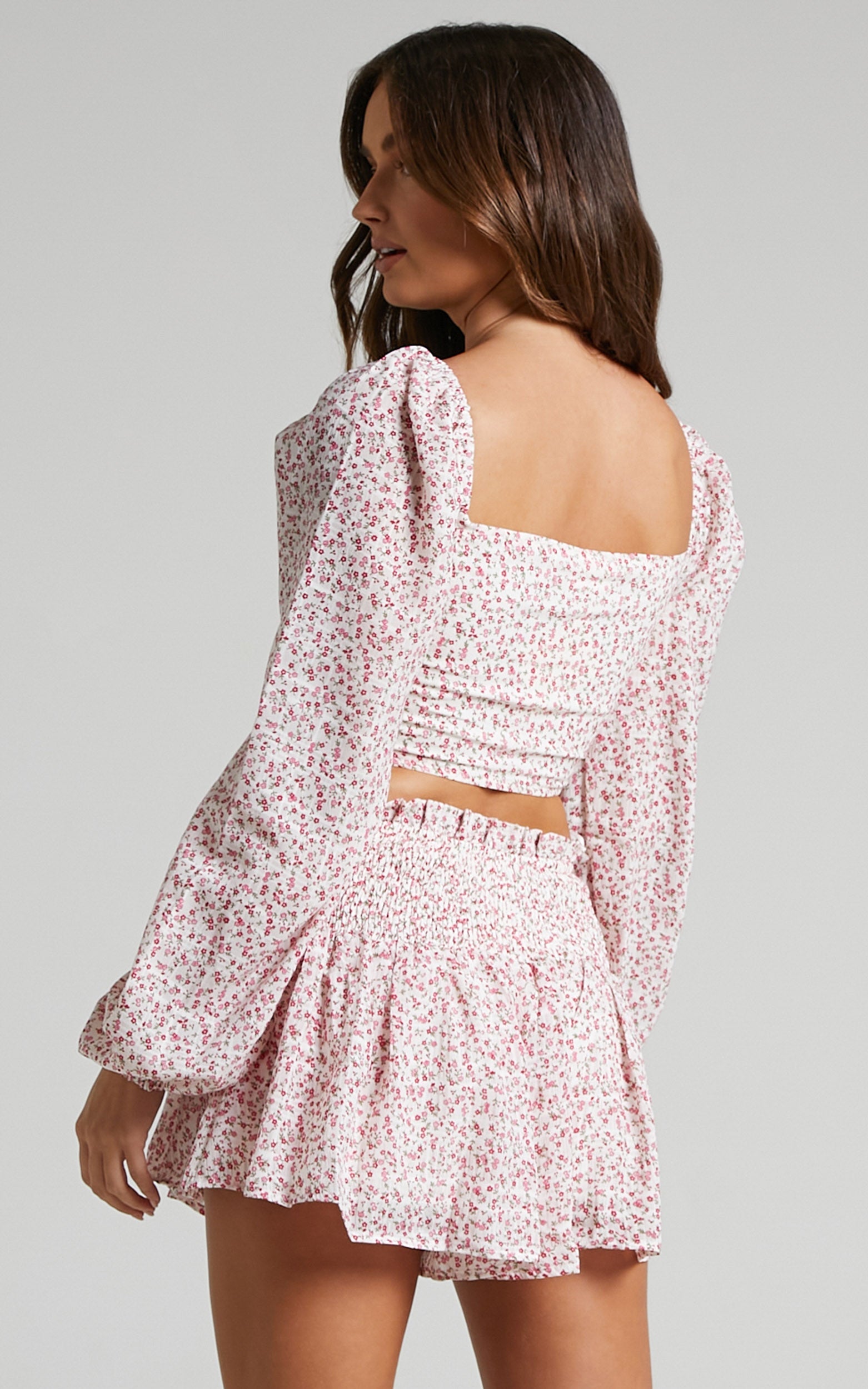 Ankine Cut Out Bust Balloon Sleeve Crop Top in Multi