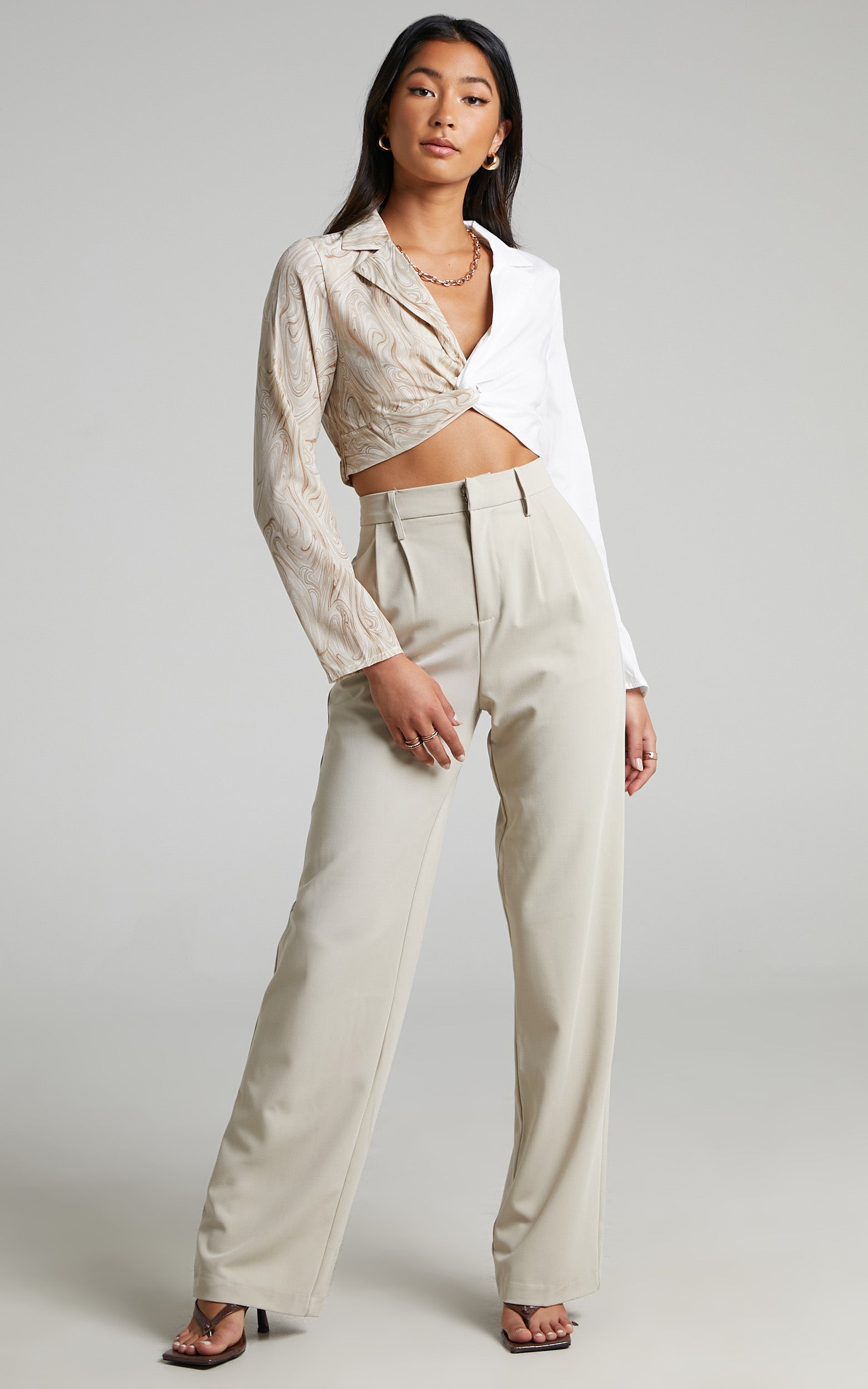 Baddeth Long Sleeve Top with Twist Front in White and Beige