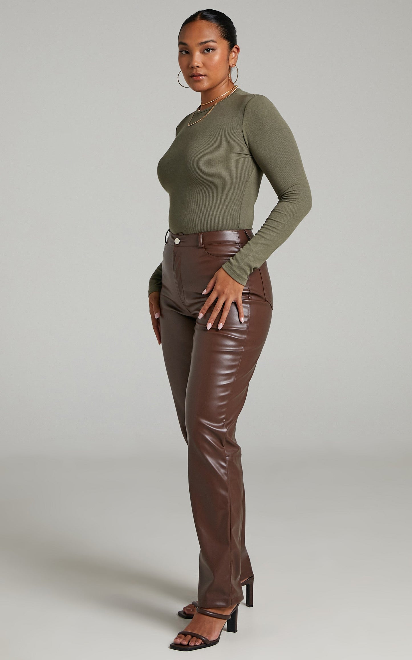 Billa Long Sleeve Ribbed Bodysuit in Khaki