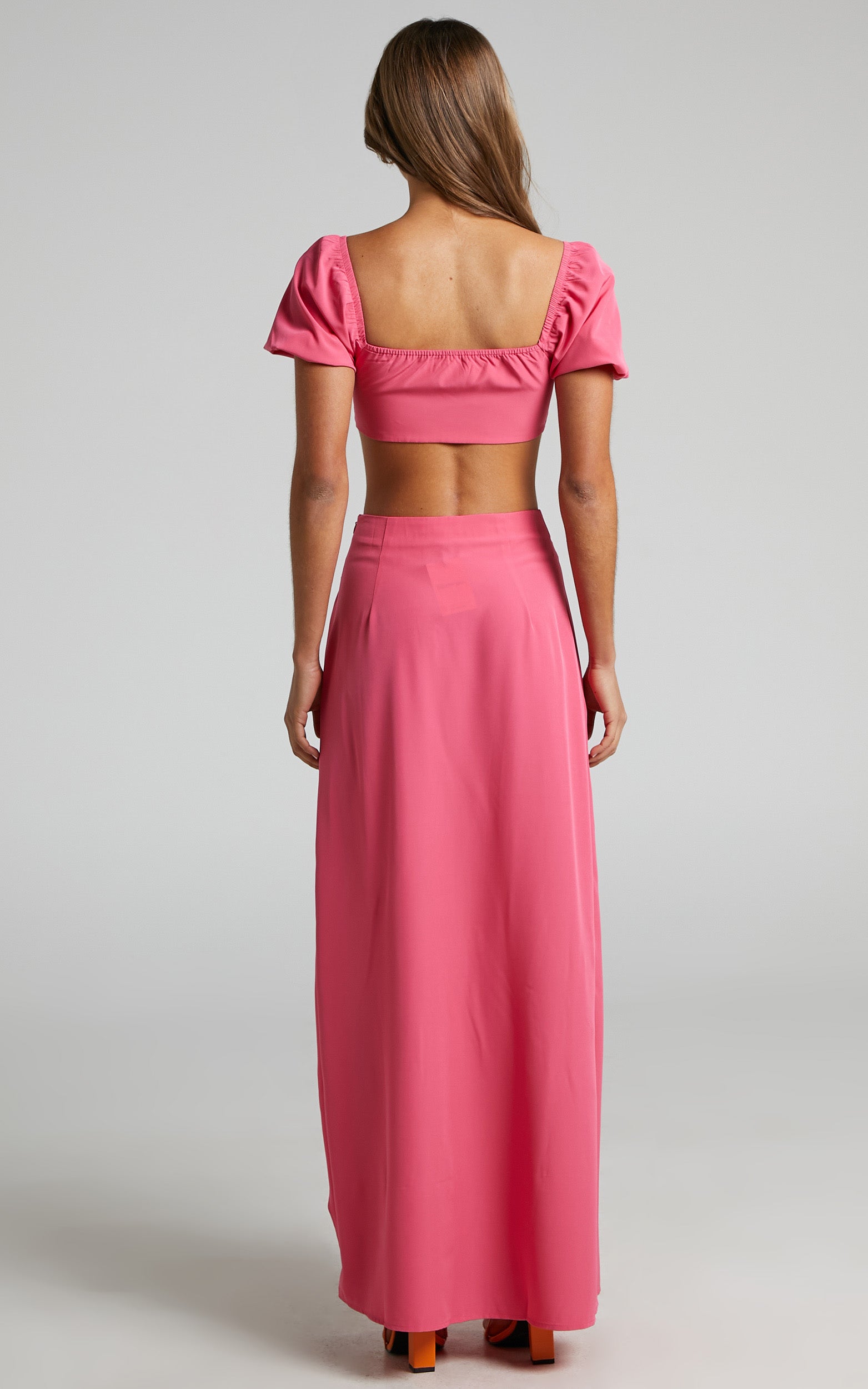 Cyria Two Piece Set - Tie Front Puff Sleeve Crop Top and Midi Skirt Set in Pink