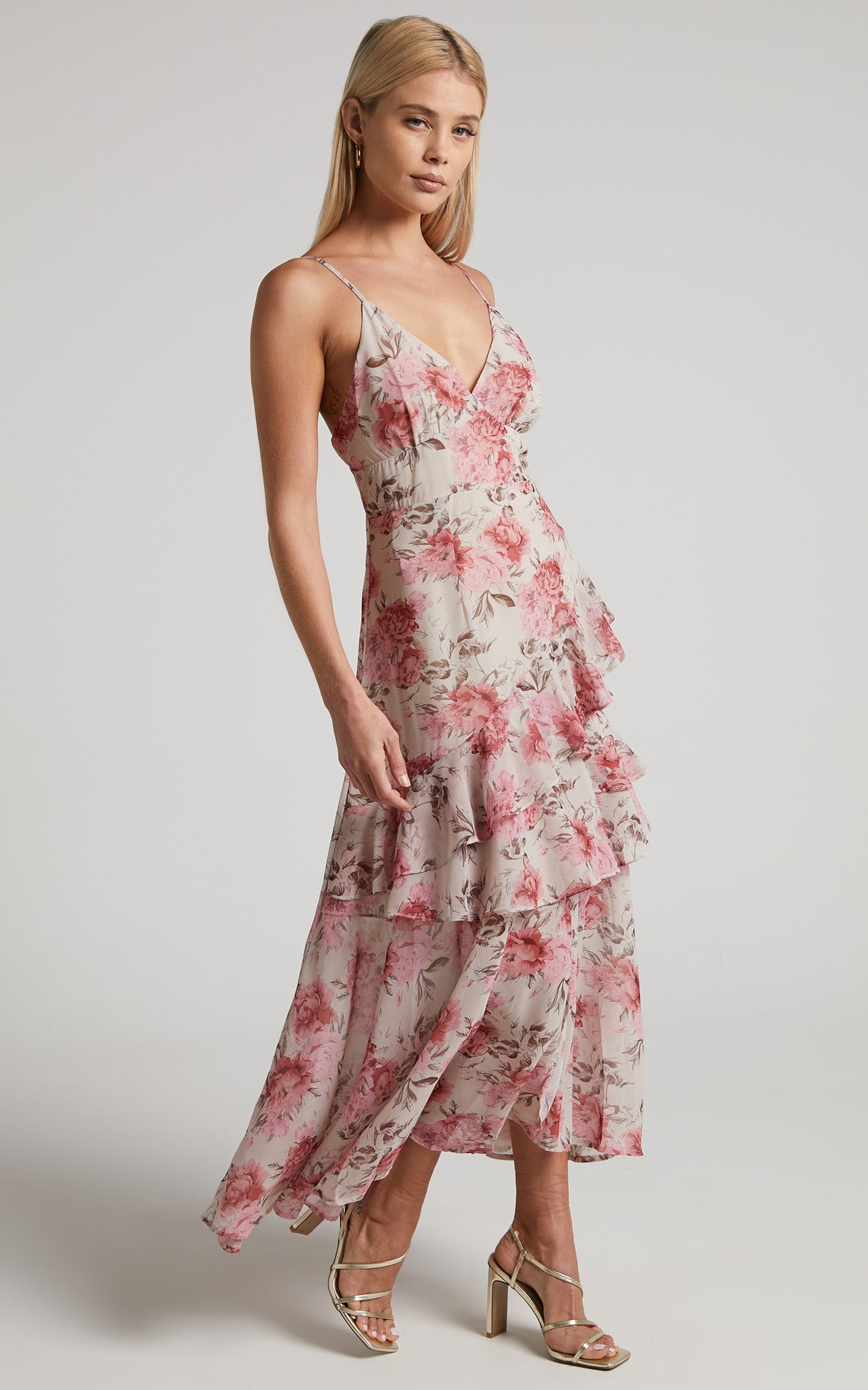 Caliope Maxi Dress - V Neck Tiered Ruffle Dress in Pink Floral