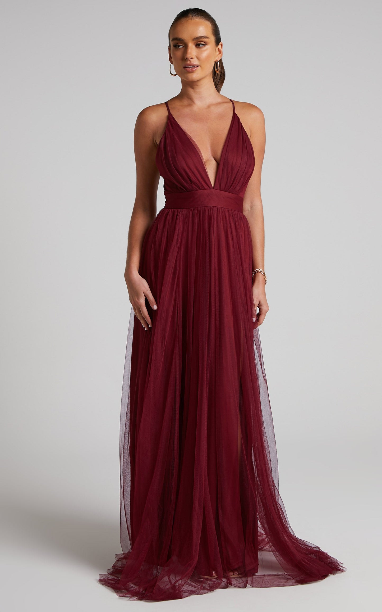 Celebrate Tonight Maxi Dress - Plunge Neck Tulle Dress in Wine