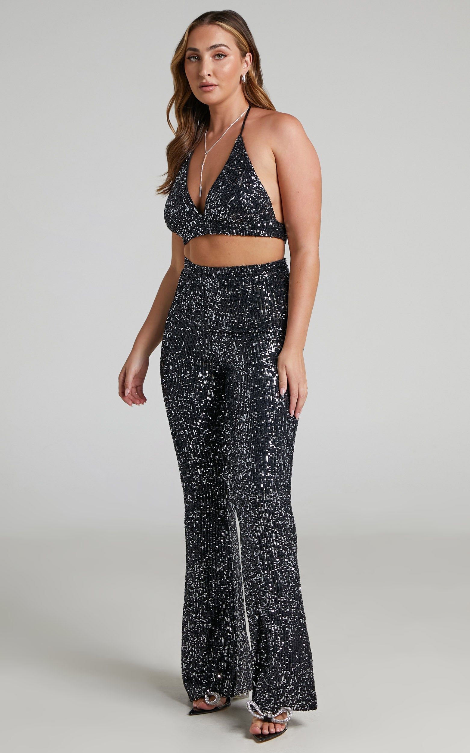 Charito Two Piece Set - Sequin Bra and Flare Pants Set in Black/Silver