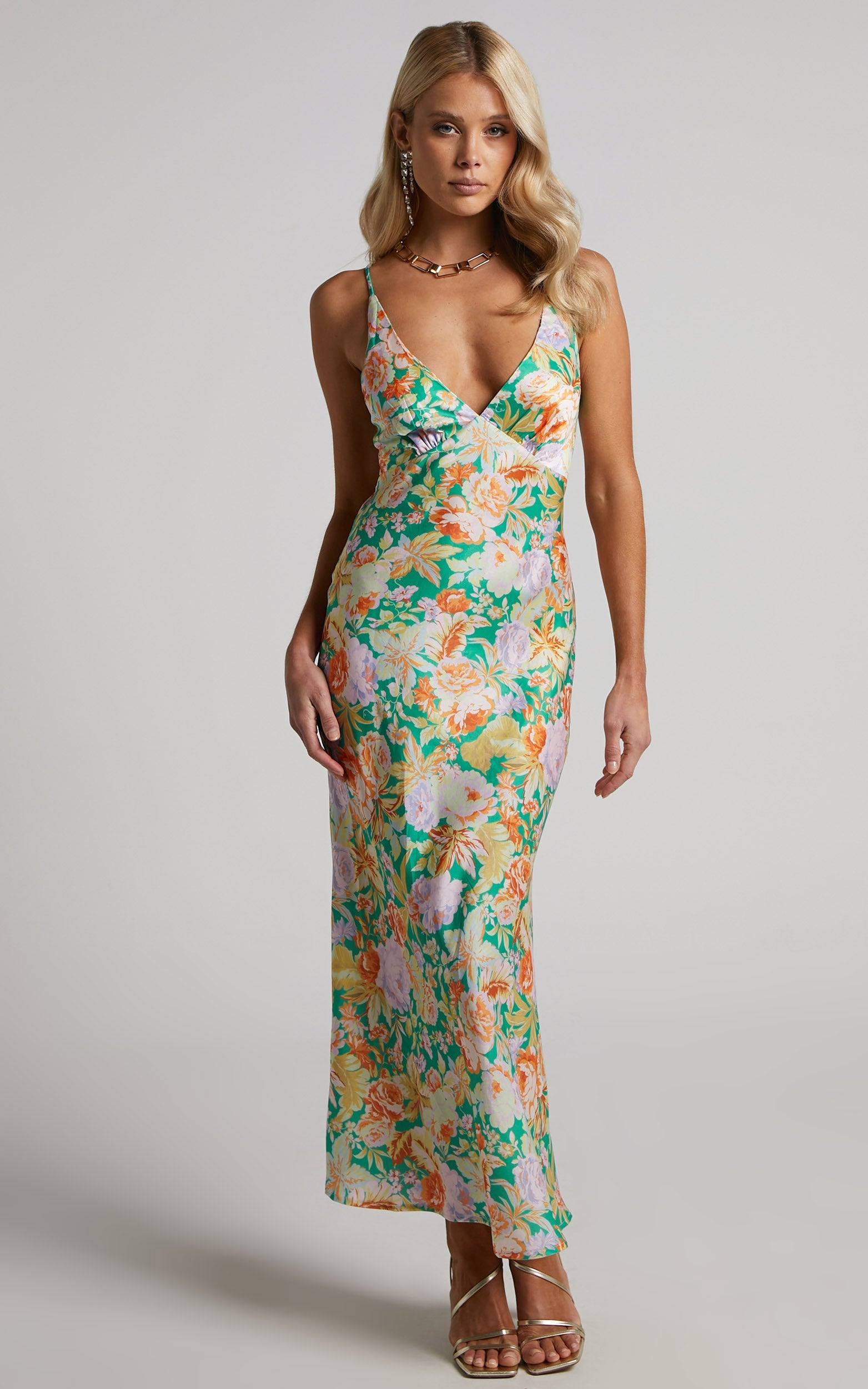 Charlette V Neck Floral Sain Midi Dress in GREEN FLORAL