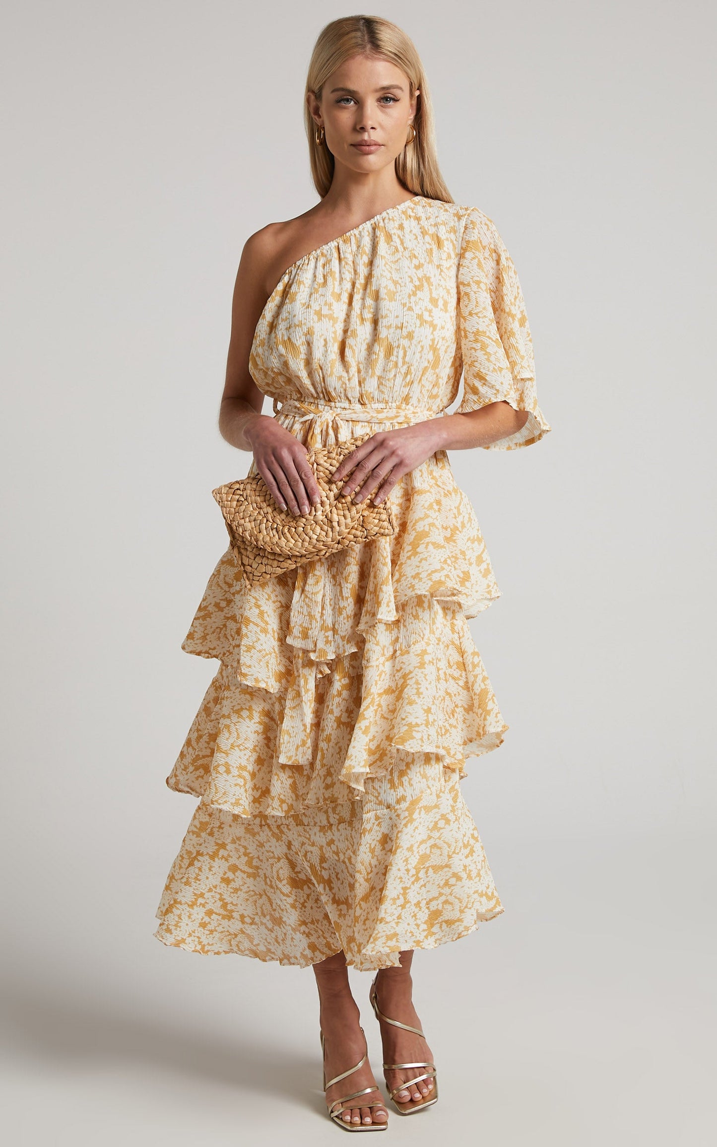 Charlise Midi Dress - Tiered One Shoulder Dress in Yellow Floral
