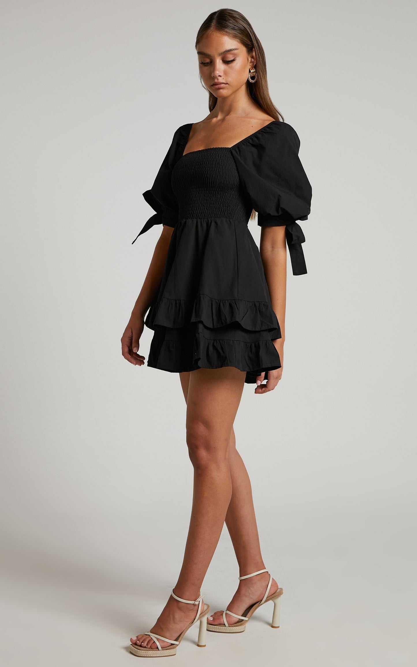 Chelle Mini Dress - Shirred Short Tie Sleeve Dress in Black