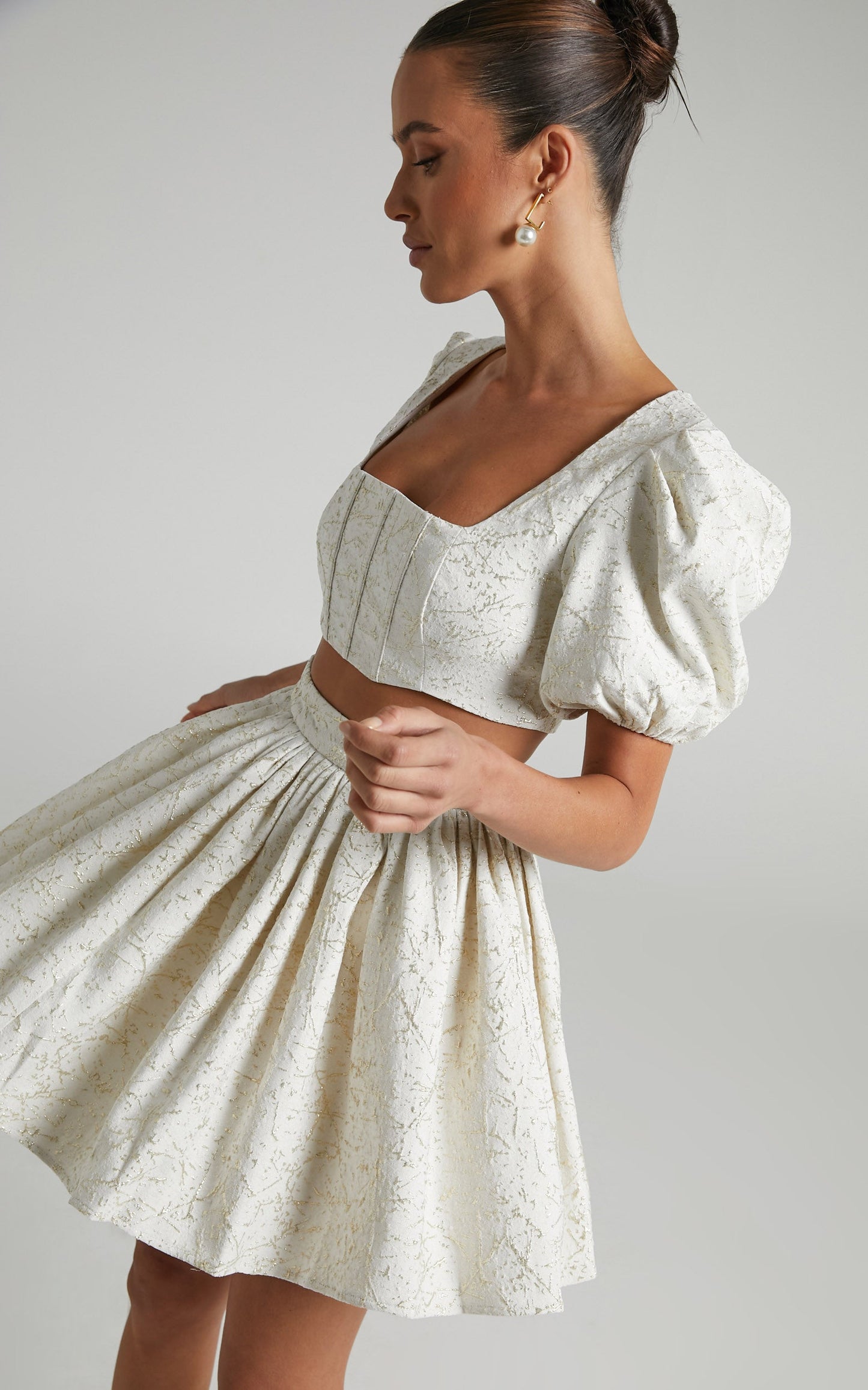 Clarie Two Piece Set - Lurex Jacquard Puff Sleeve Crop Top and Flare Mini Skirt Set in White