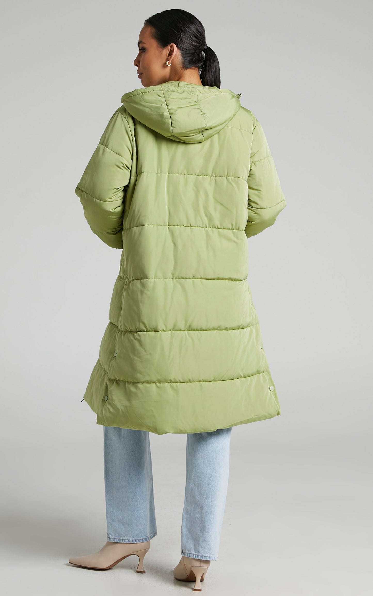 Claude Longline Puffer Coat in Light Green