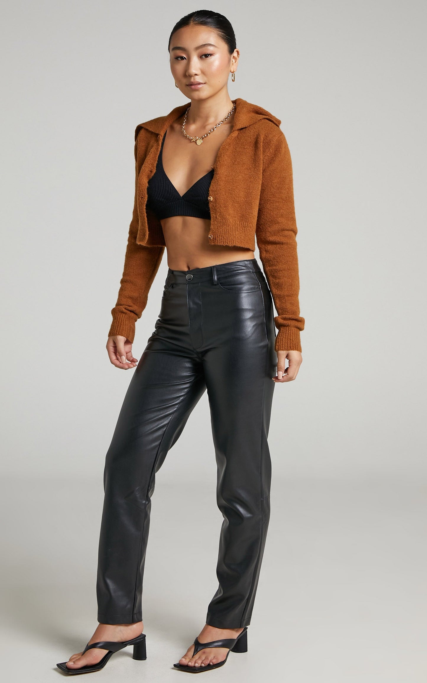 Colee Collared Cropped Cardigan in Brown