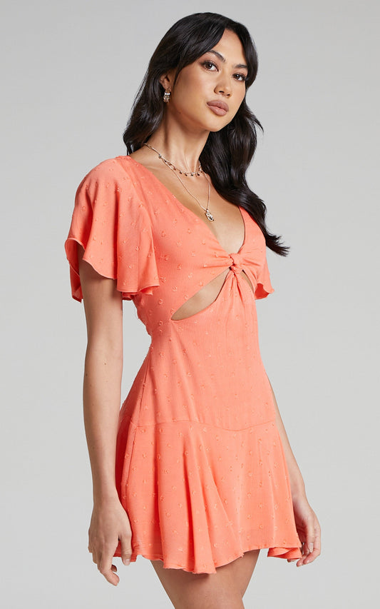 Daydream Angel Sleeve Knot Front Ruffle Mini Dress in Rust