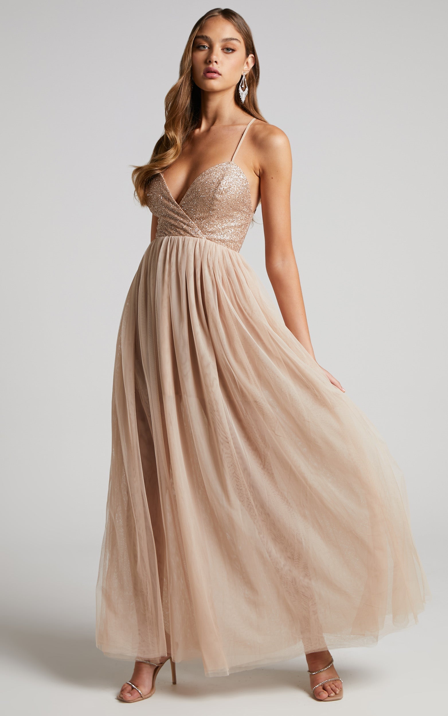 Deevey Maxi Dress - Open Back Glitter Bodice Tulle Dress in Nude