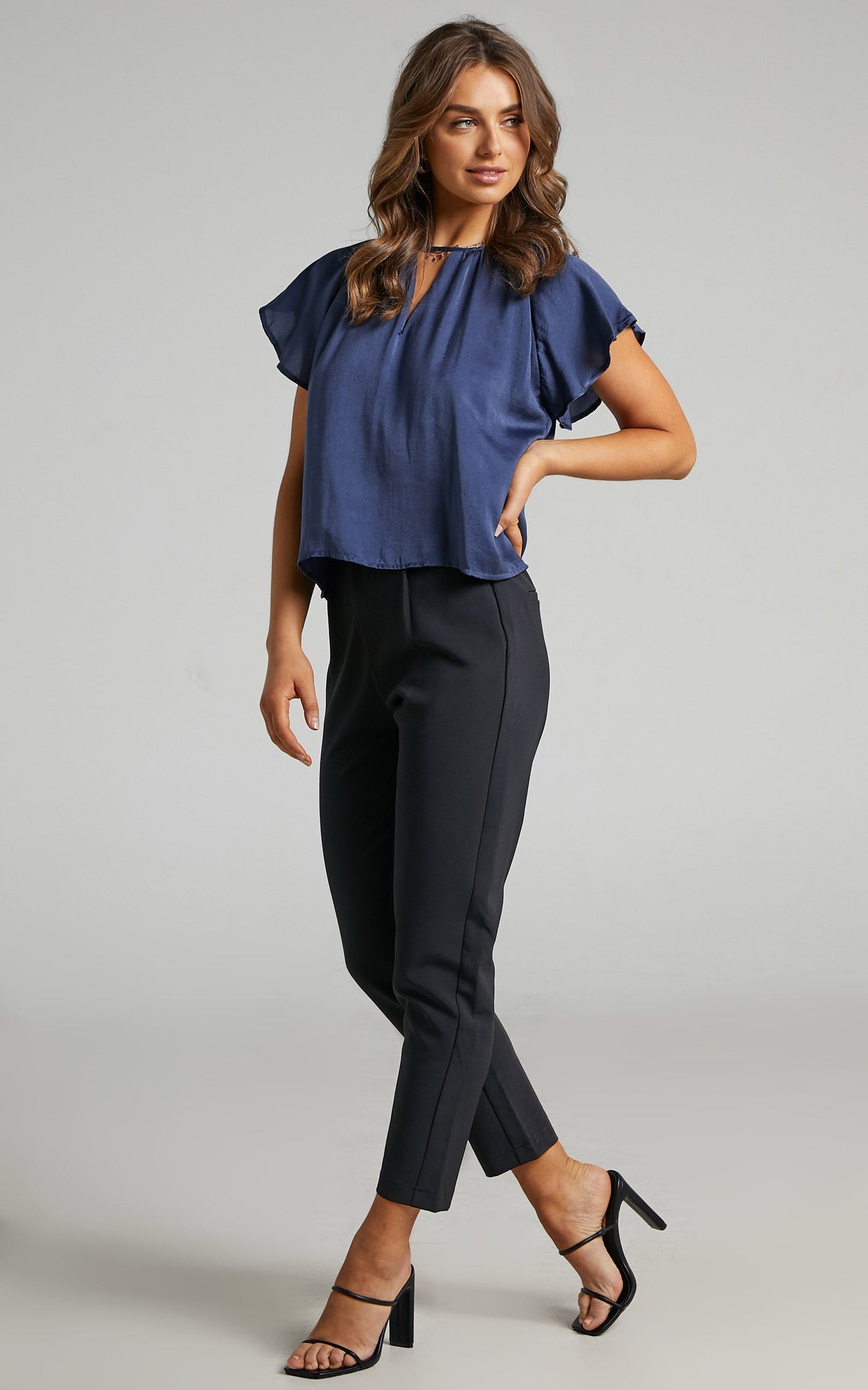 Demmi Top - Key Hole Flutter Sleeve Top in Navy