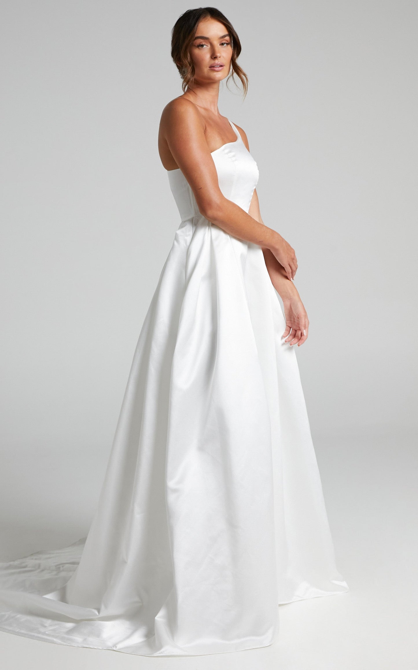 Desire Me Gown - One Shoulder Thigh Split Gown in Ivory Satin