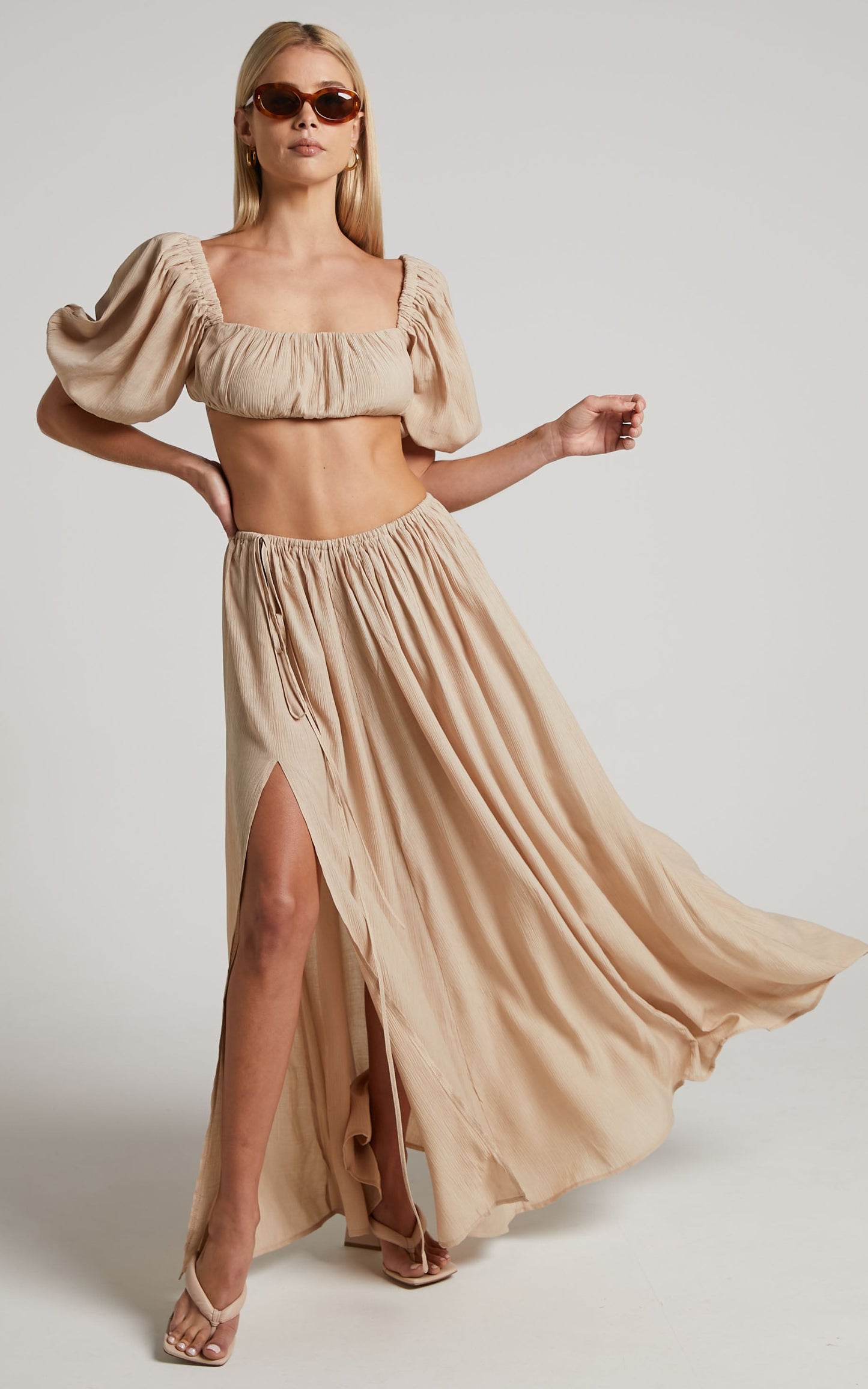Dhalia Maxi Skirt - Gathered Split Skirt in Sand