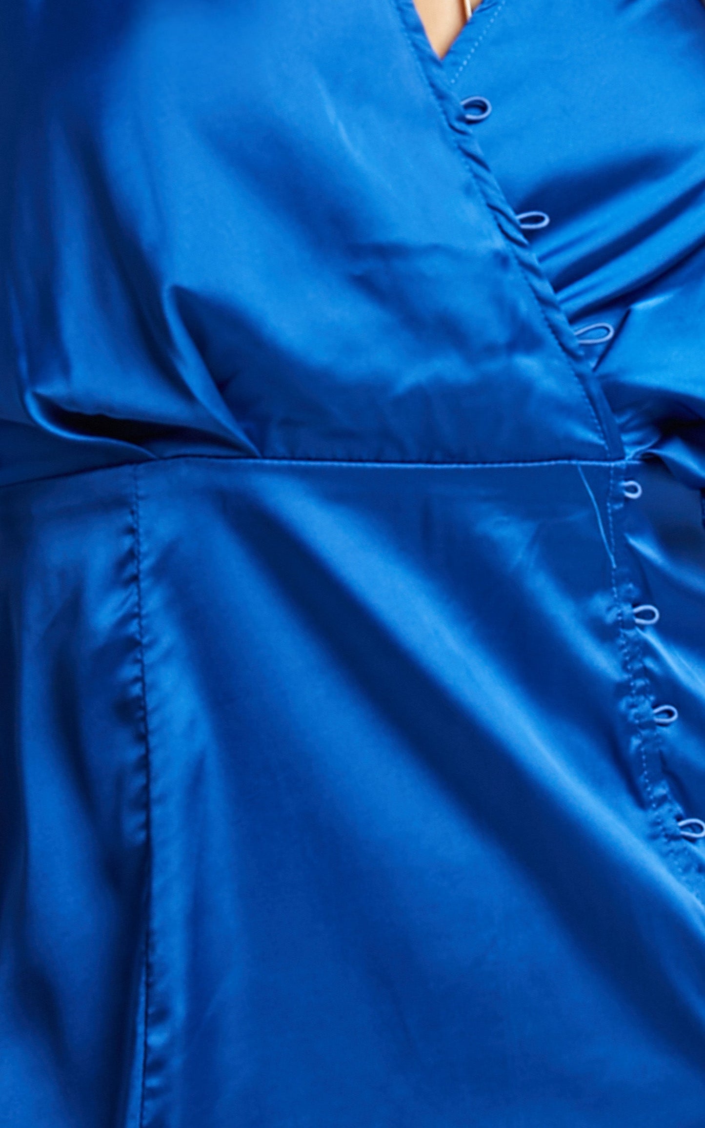 Duane Button Detail Long Sleeve Satin Mini Dress in Blue