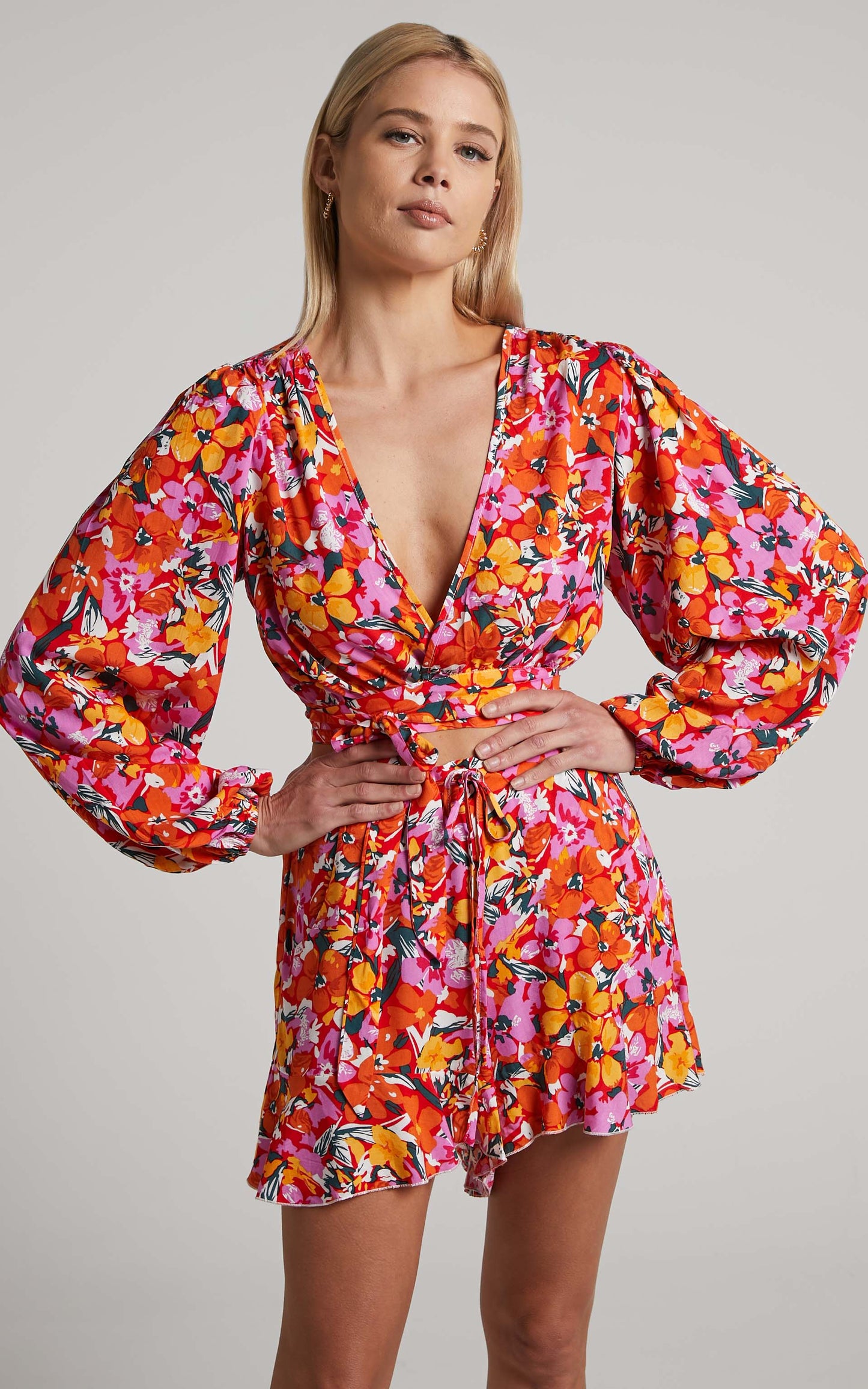 Dyliah Top - Long Sleeve Wrap Crop Top in Spring Floral
